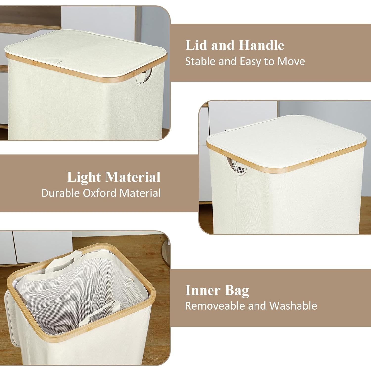 Cesta de Ropa Plegable iEGrow 110L Beige con Tapa y Asa