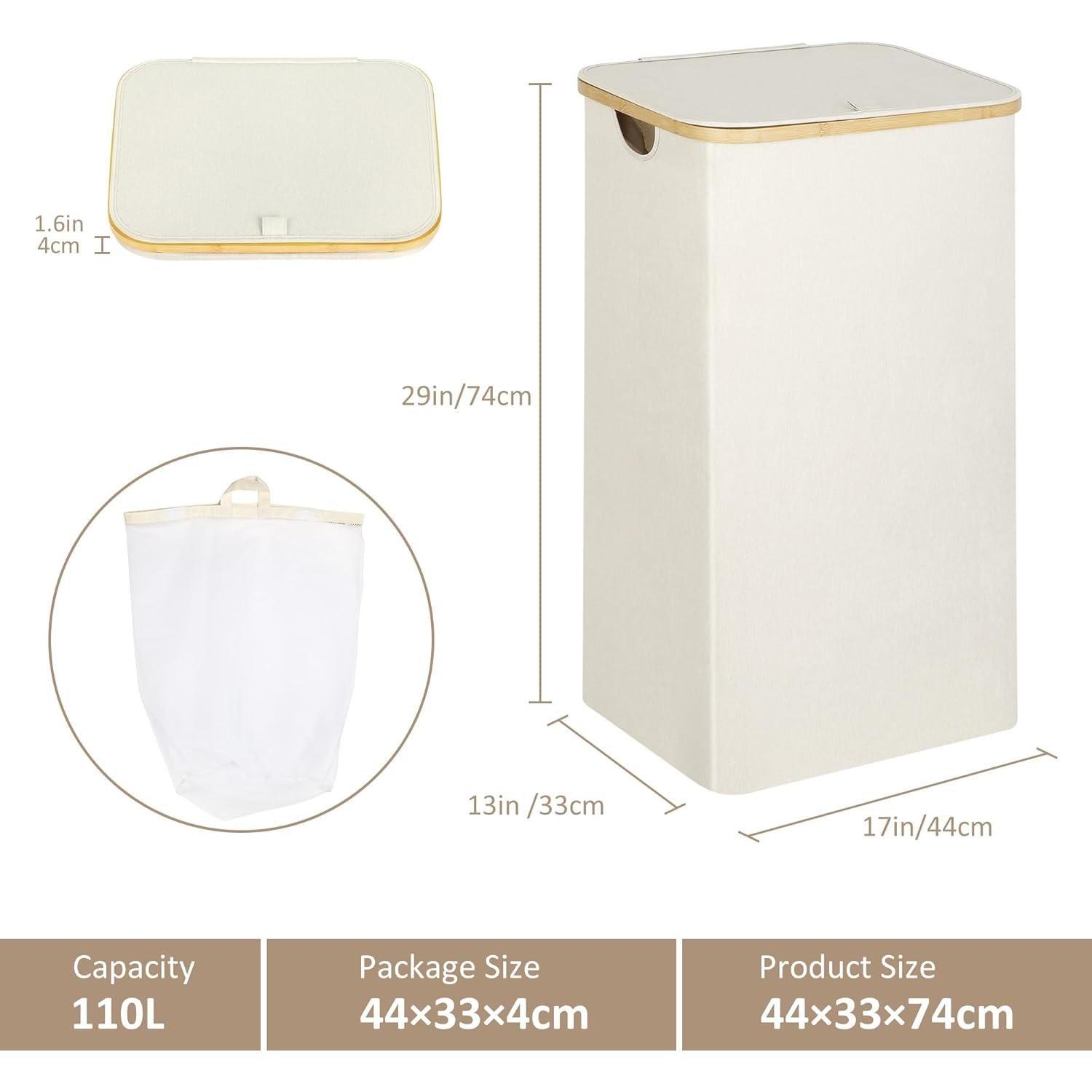 Cesta de Ropa Plegable iEGrow 110L Beige con Tapa y Asa