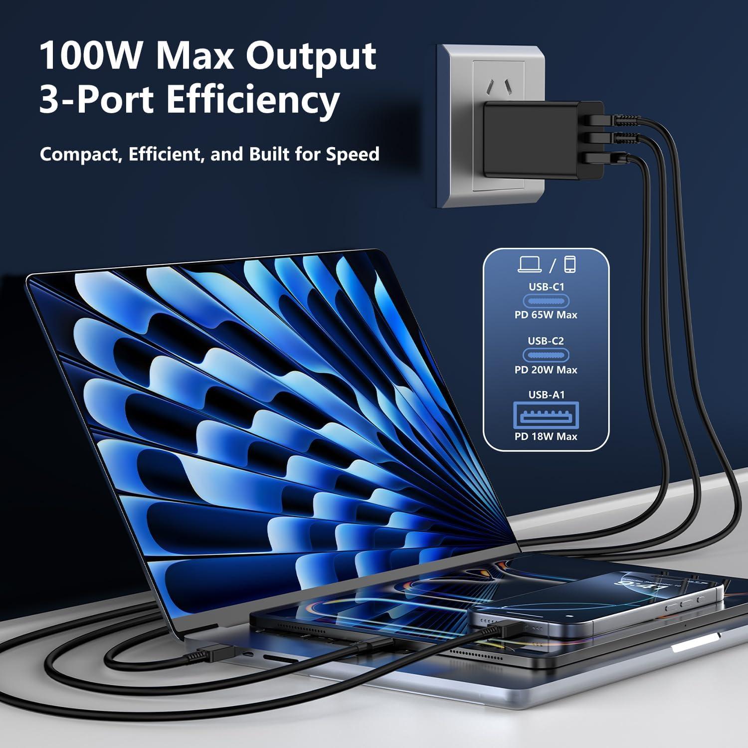 Cargador USB C 100W Weiship con 3 Puertos y Cable 1.8m