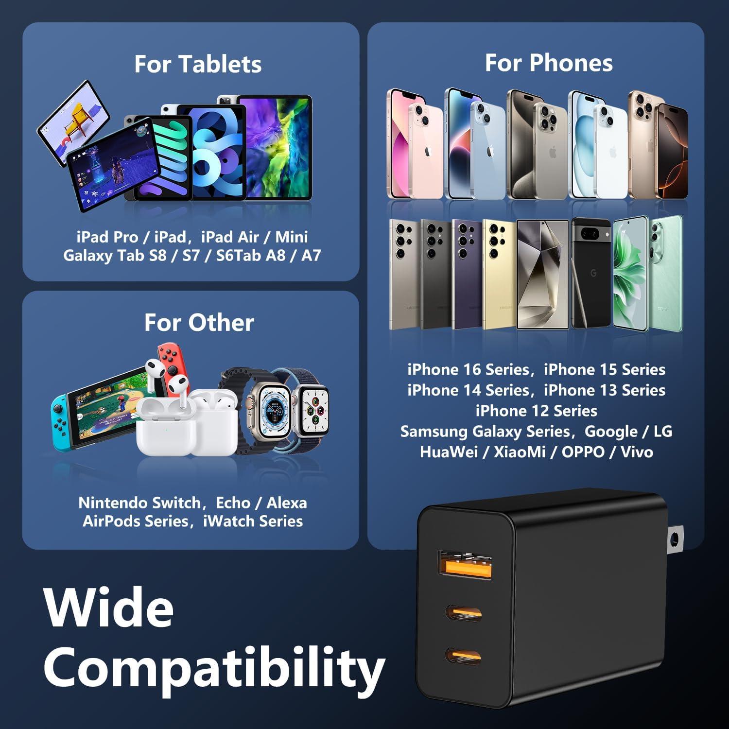 Cargador USB C 100W Weiship con 3 Puertos y Cable 1.8m