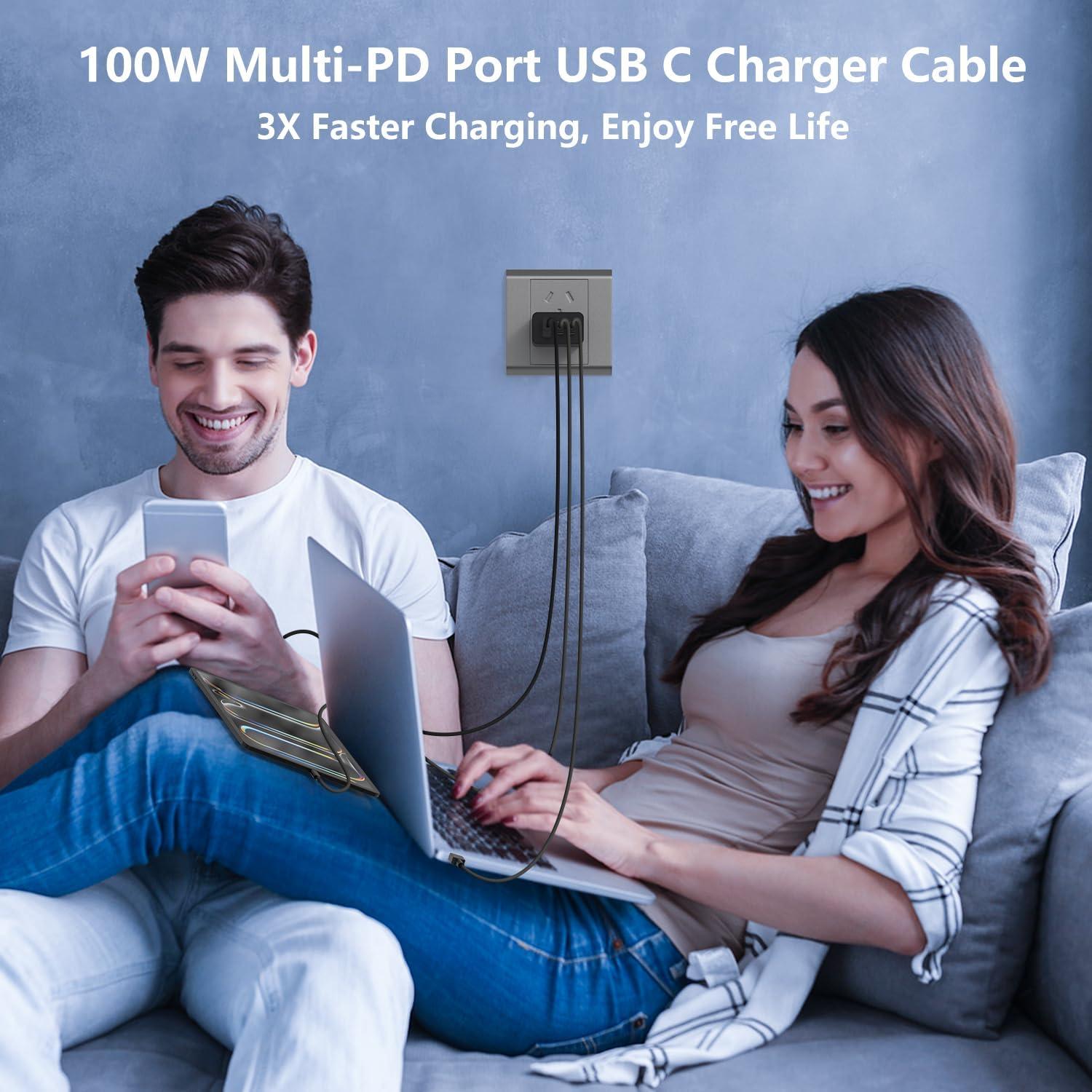 Cargador USB C 100W Weiship con 3 Puertos y Cable 1.8m