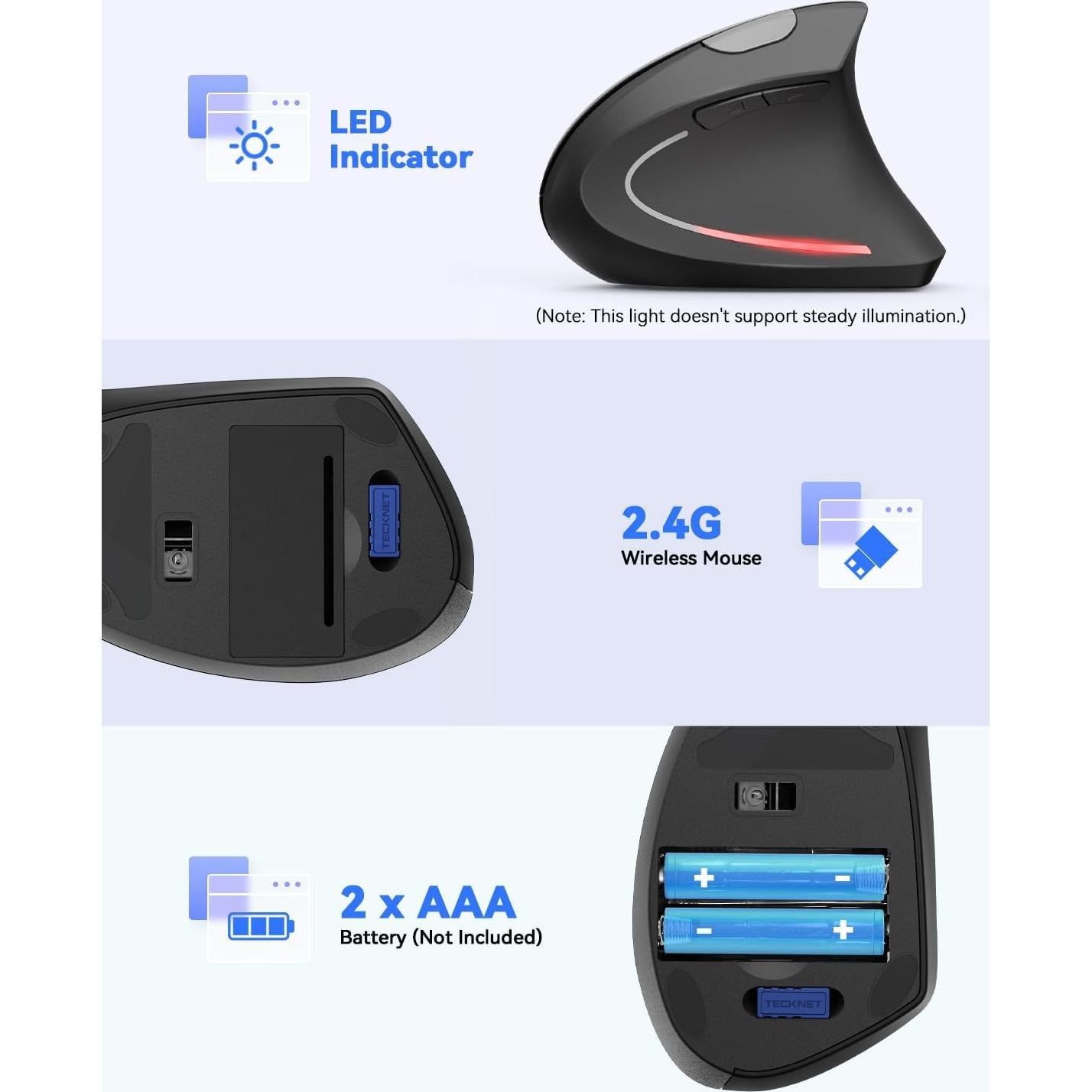 Ratón Vertical Inalámbrico Ergonómico TECKNET 4800 DPI Negro