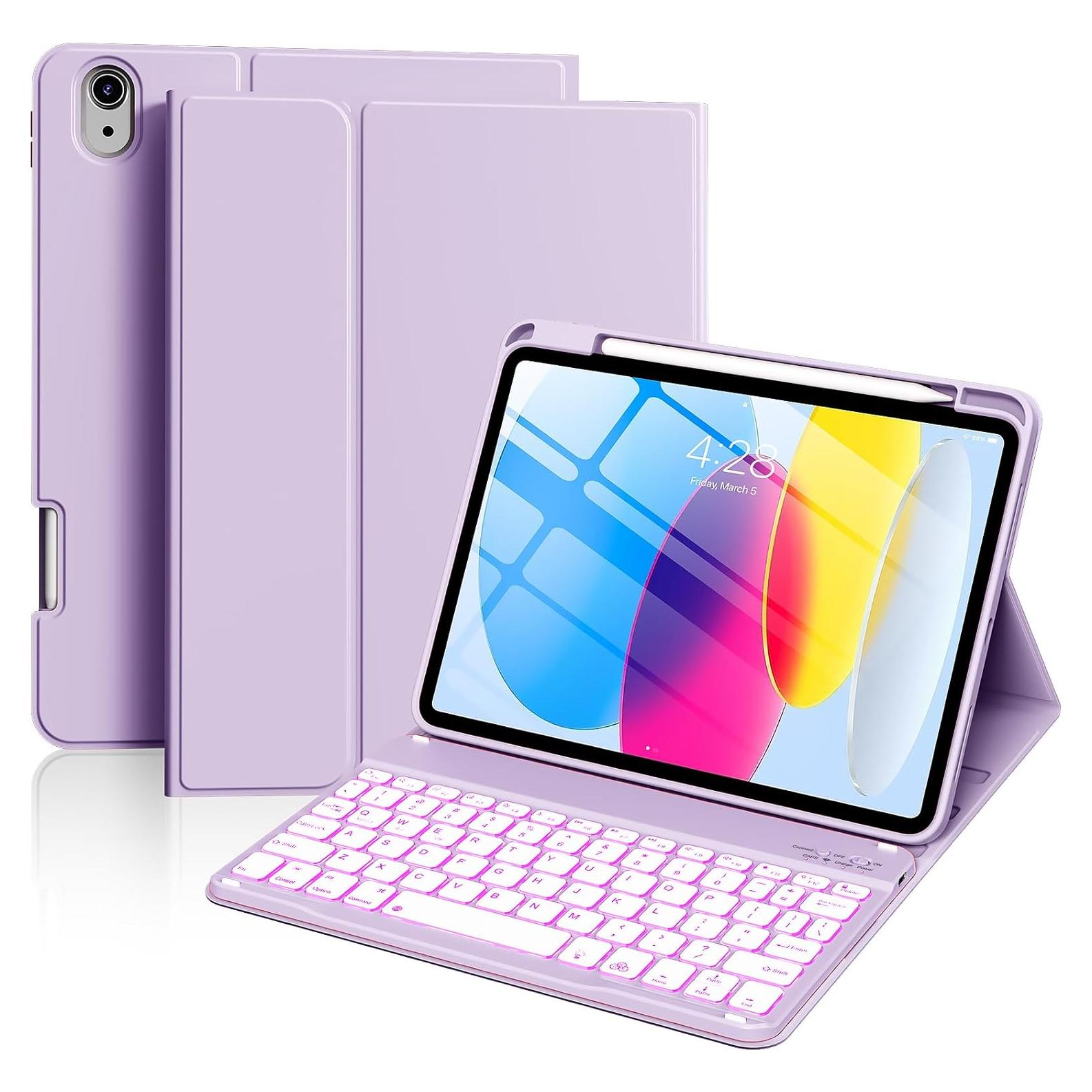 aoub for iPad 11th 10th Generation Case with Keyboard -7 Color Backlit Wireless Detachable Keyboard, Folio Cover with Pencil Holder for iPad (A16) 11 inch 2025/10th Gen 10.9 inch 2022, Purple