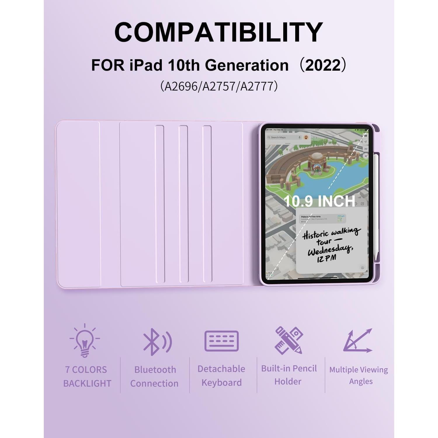 aoub for iPad 11th 10th Generation Case with Keyboard -7 Color Backlit Wireless Detachable Keyboard, Folio Cover with Pencil Holder for iPad (A16) 11 inch 2025/10th Gen 10.9 inch 2022, Purple
