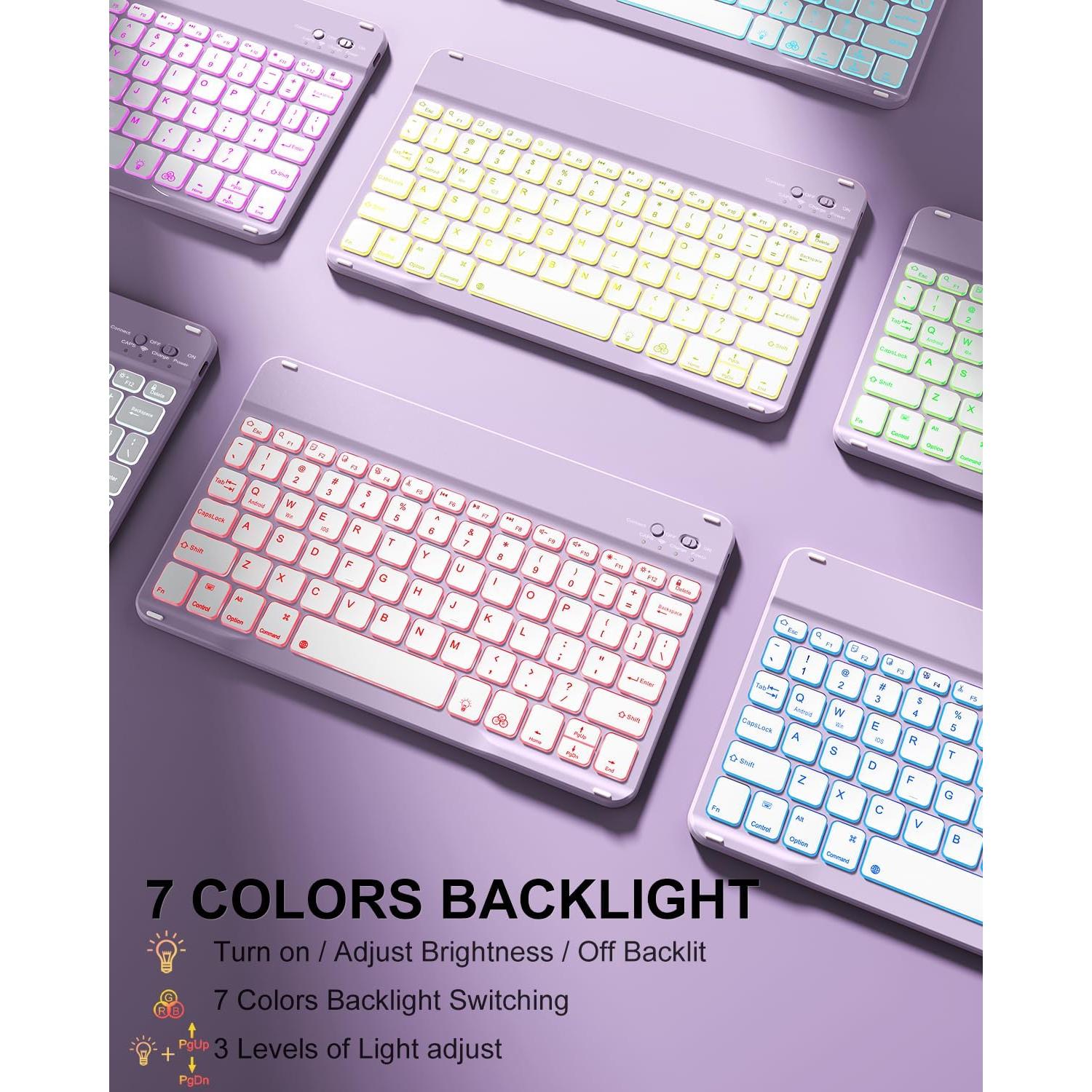 aoub for iPad 11th 10th Generation Case with Keyboard -7 Color Backlit Wireless Detachable Keyboard, Folio Cover with Pencil Holder for iPad (A16) 11 inch 2025/10th Gen 10.9 inch 2022, Purple