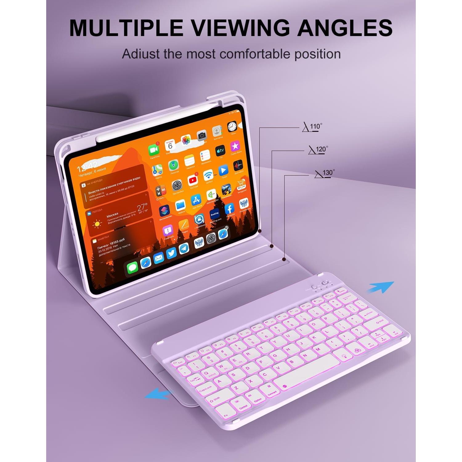 aoub for iPad 11th 10th Generation Case with Keyboard -7 Color Backlit Wireless Detachable Keyboard, Folio Cover with Pencil Holder for iPad (A16) 11 inch 2025/10th Gen 10.9 inch 2022, Purple