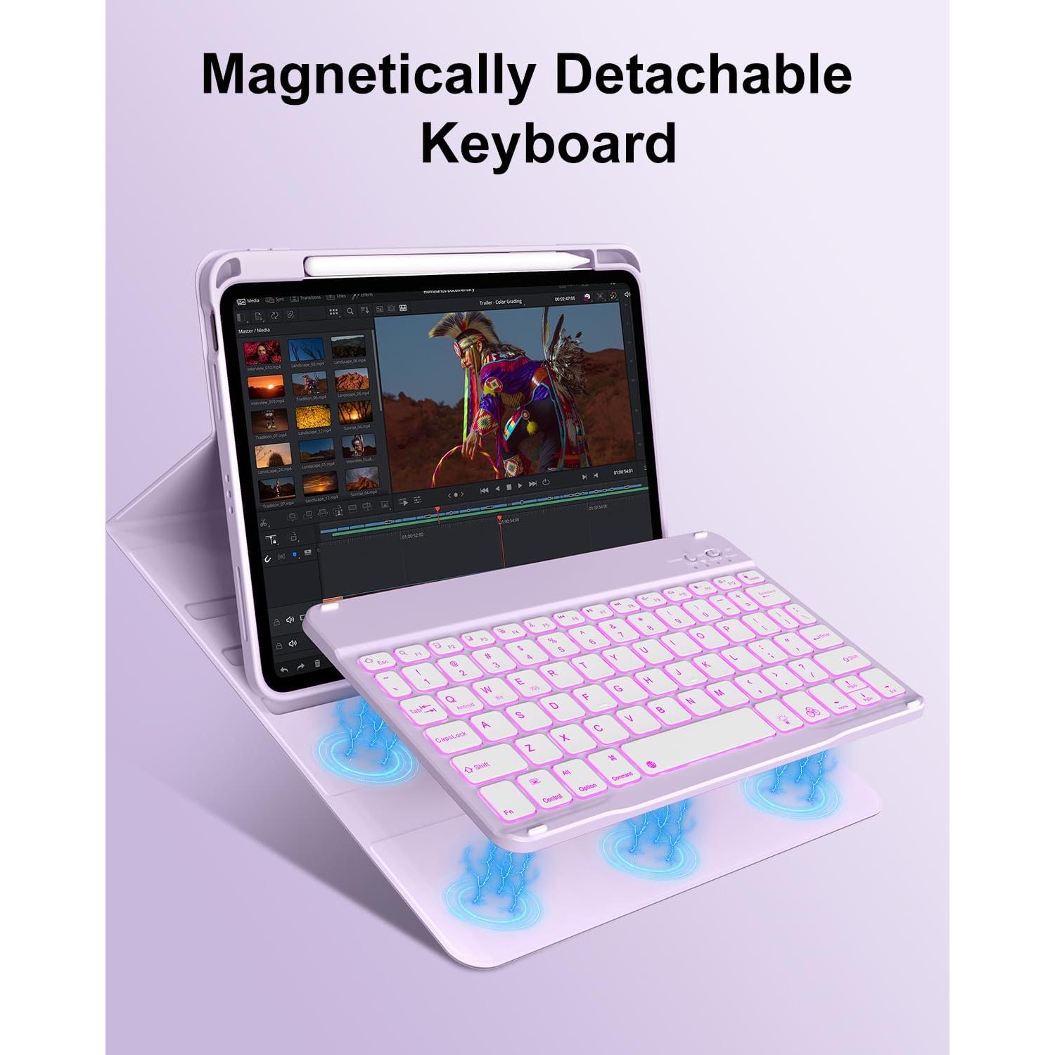 aoub for iPad 11th 10th Generation Case with Keyboard -7 Color Backlit Wireless Detachable Keyboard, Folio Cover with Pencil Holder for iPad (A16) 11 inch 2025/10th Gen 10.9 inch 2022, Purple