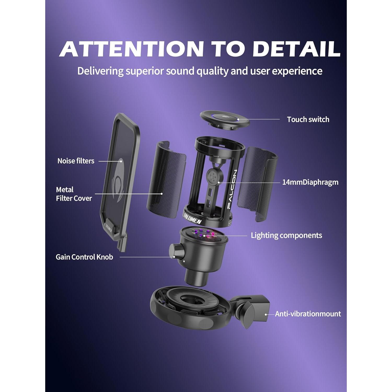 Micrófono Gaming USB Talomen Falcon 8 con RGB y Soporte