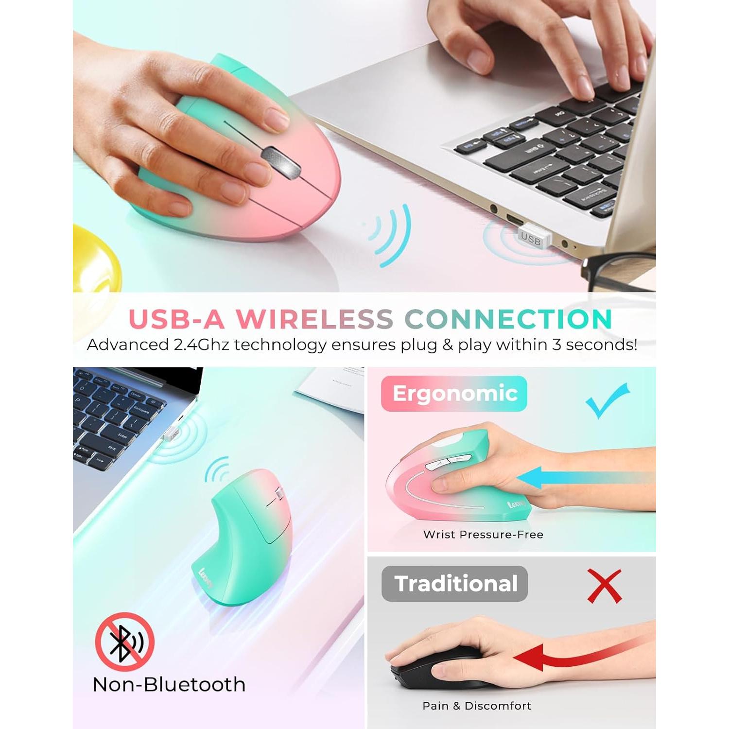 Ratón Ergonómico Lekvey XC05 Verde Rosa Inalámbrico 600mAh