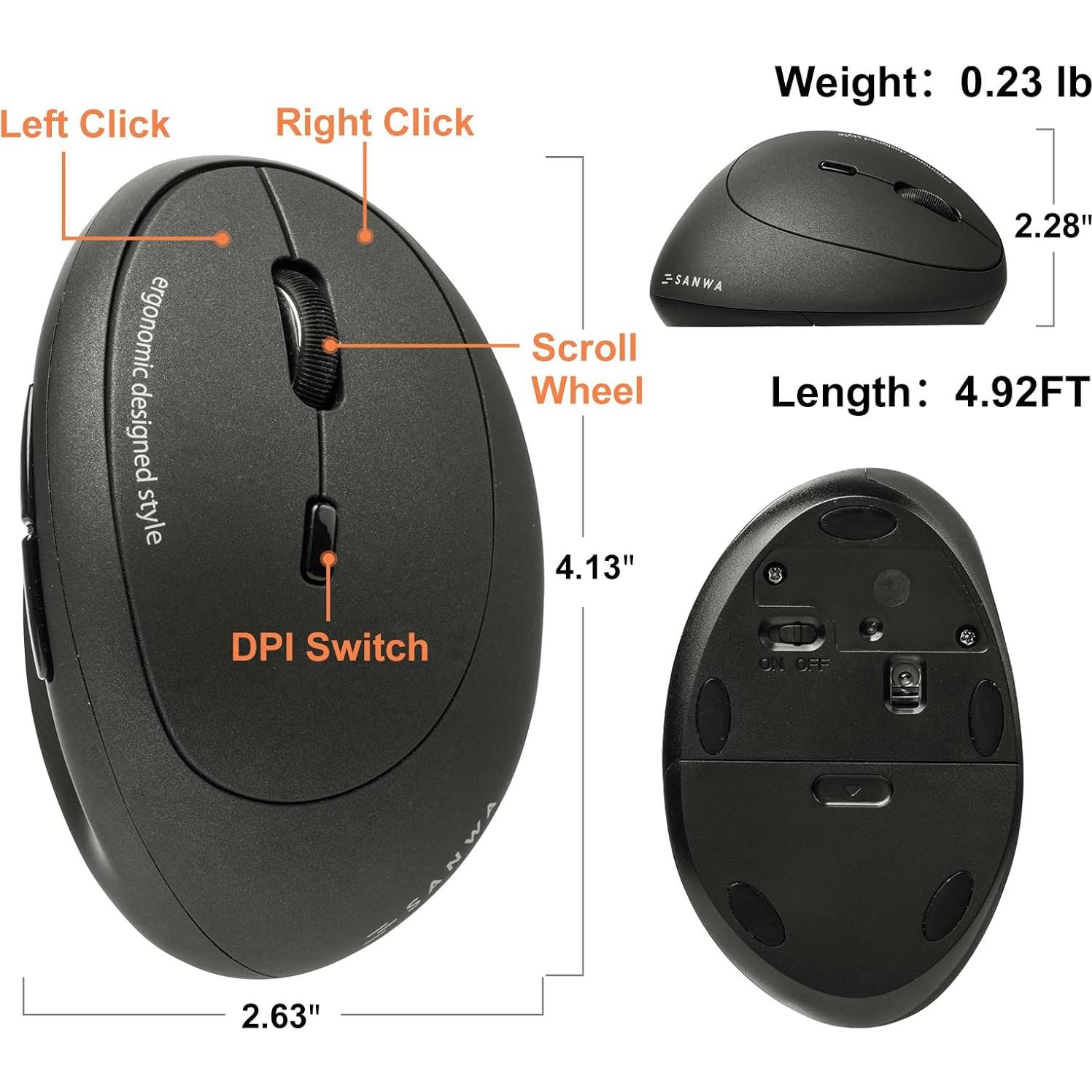 Ratón Ergonómico Inalámbrico SANWA GMAERGW17 Negro 800/1200/1600 DPI