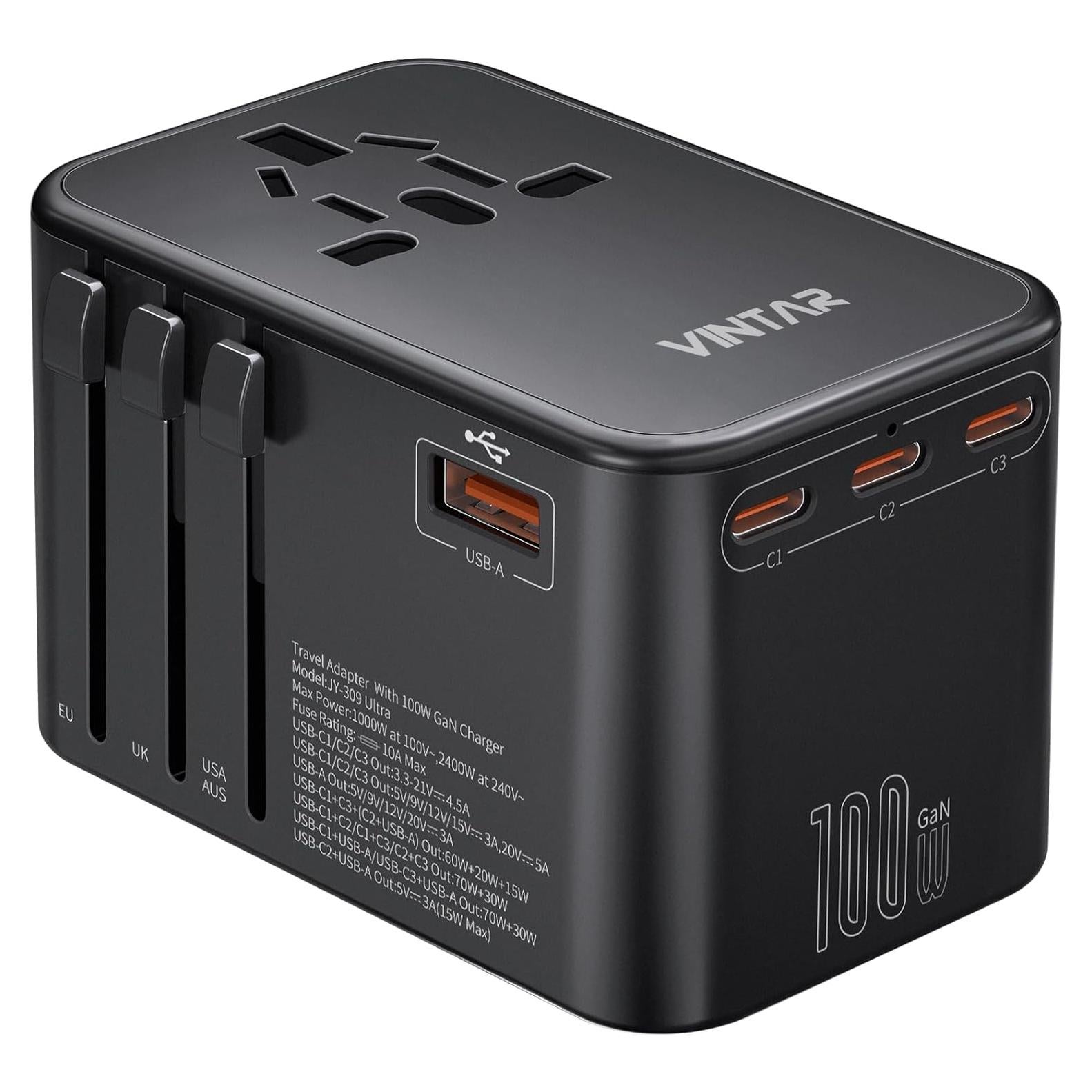 Adaptador de Viaje Universal VINTAR 100W con 5 Puertos USB