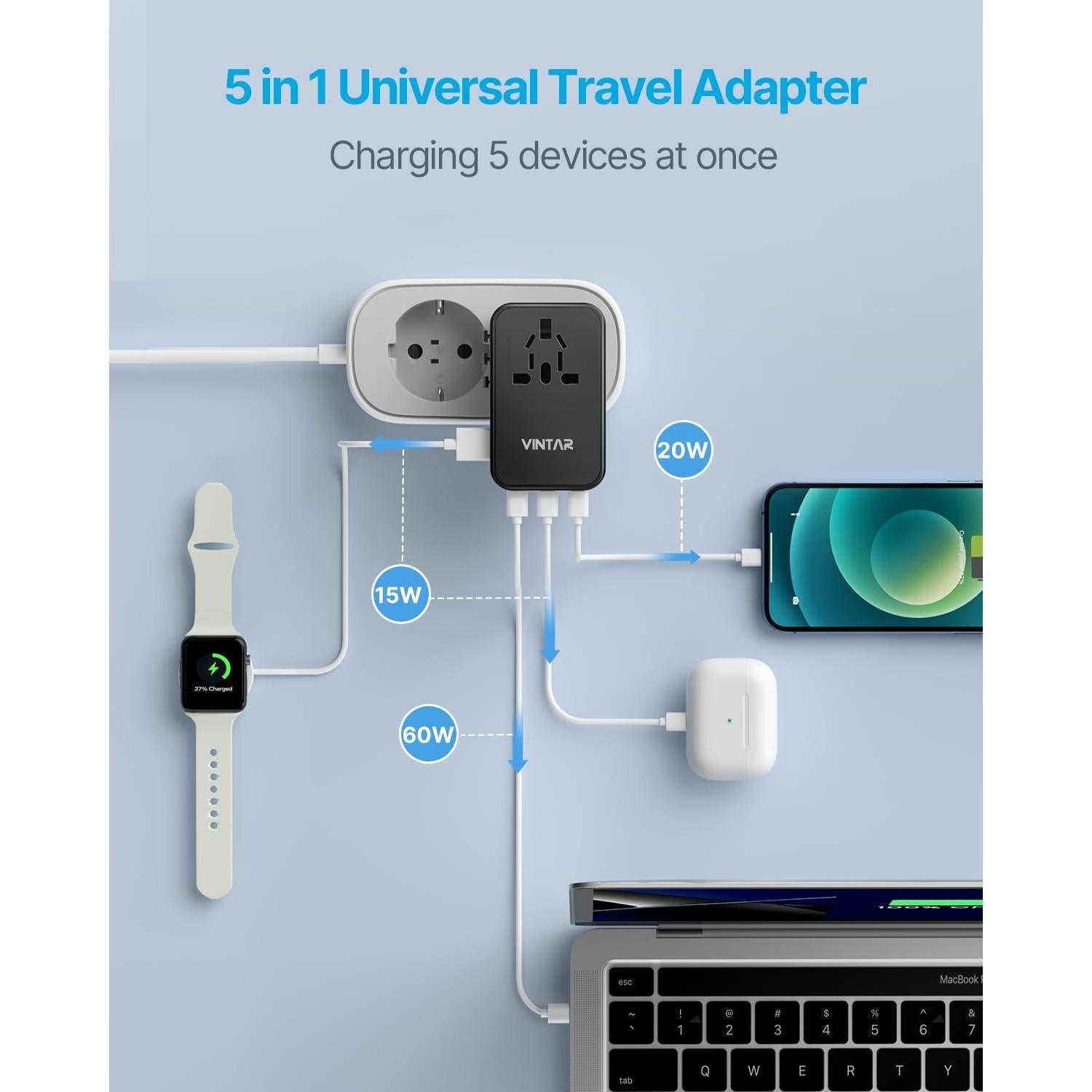 Adaptador de Viaje Universal VINTAR 100W con 5 Puertos USB