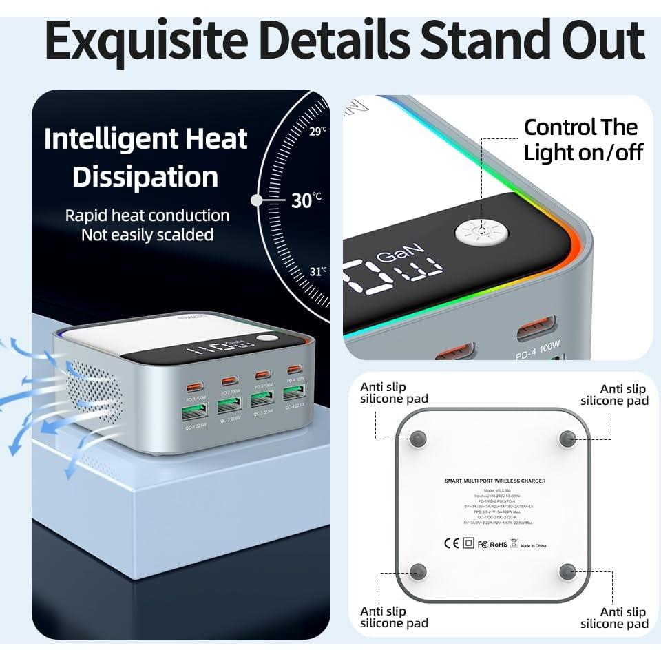 Cargador Rápido USB C 490W 8 Puertos GaN Shenzhen WLX-M8