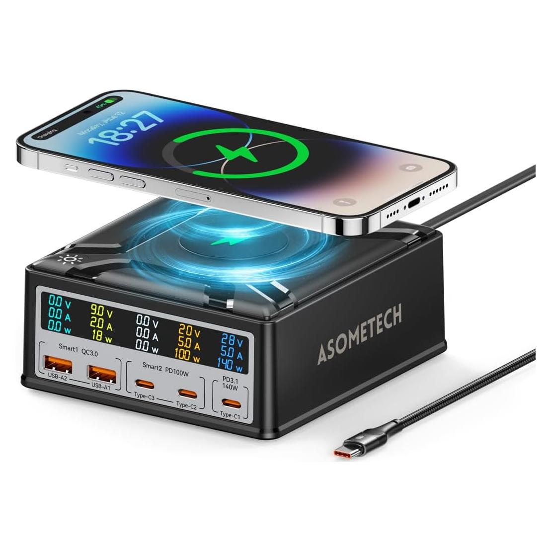 Estación de Carga USB ASOMETECH 260W 5 Puertos Cargador Rápido