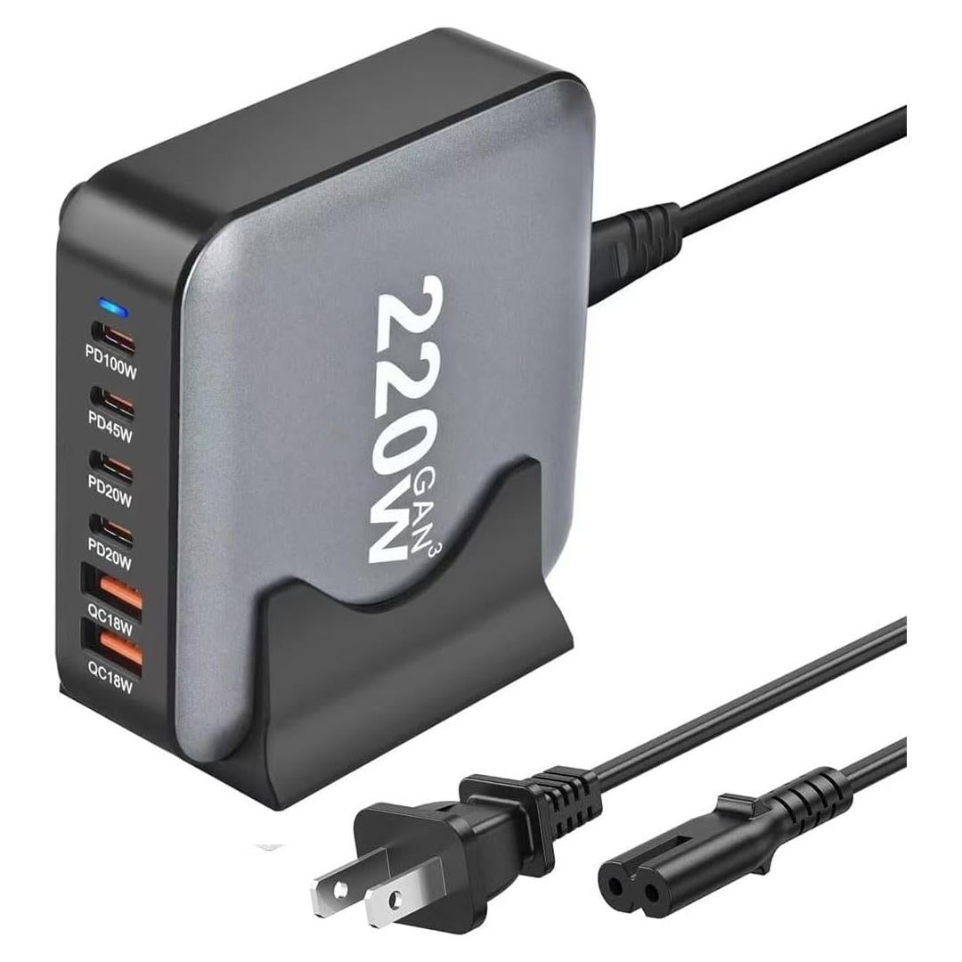 Cargador USB C 220W GaN III 6 Puertos QC4.0 para Laptop