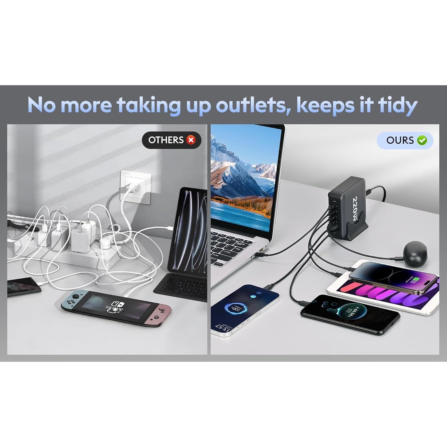 Cargador USB C 220W GaN III 6 Puertos QC4.0 para Laptop