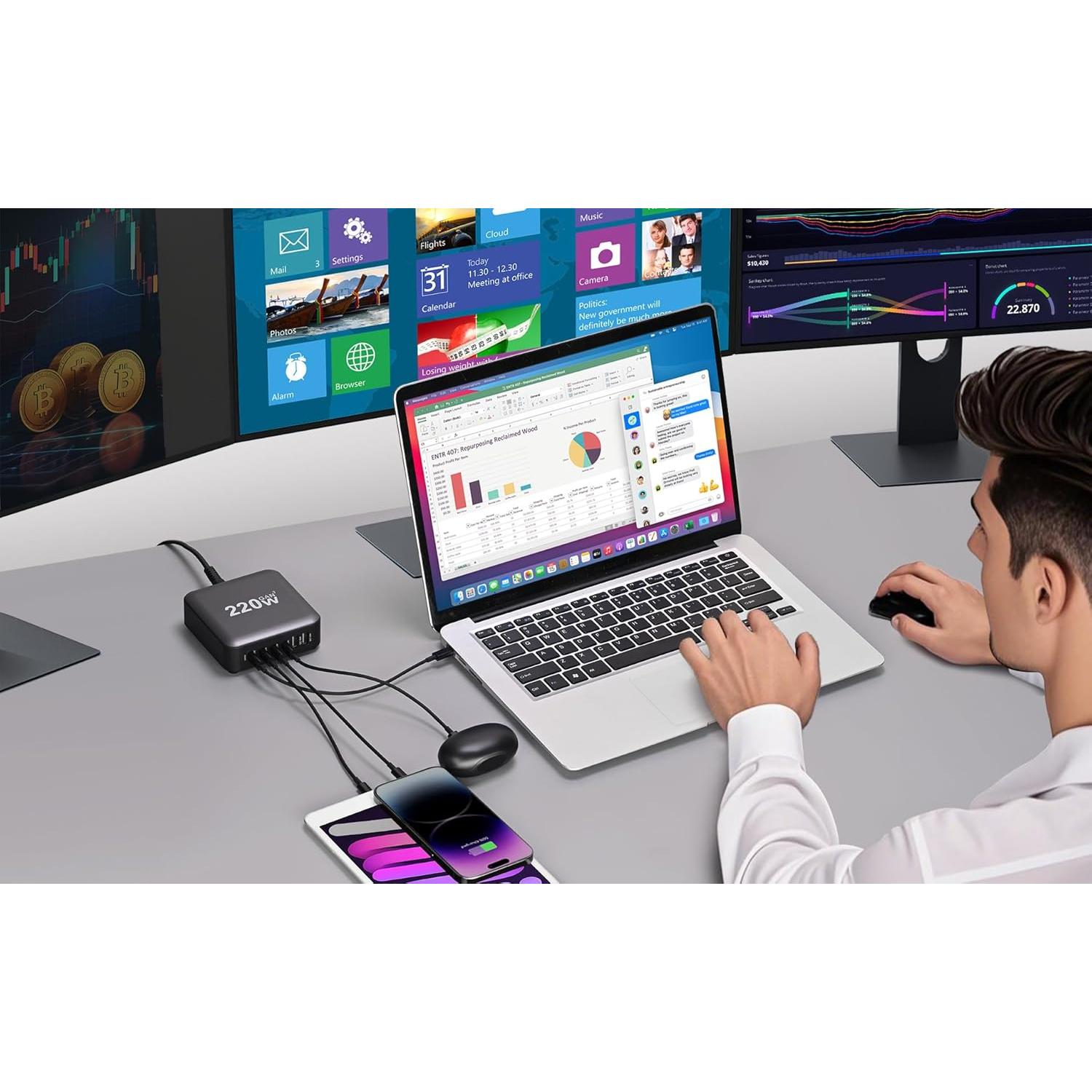 Cargador USB C 220W GaN III 6 Puertos QC4.0 para Laptop