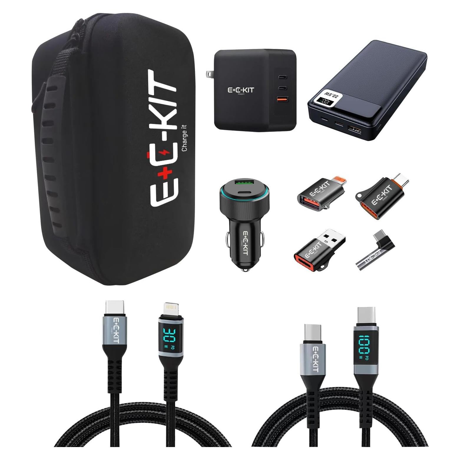 E+C-KIT Paquete de Carga Rápida 10 en 1 - Cargador 100W, Batería Externa, Adaptadores