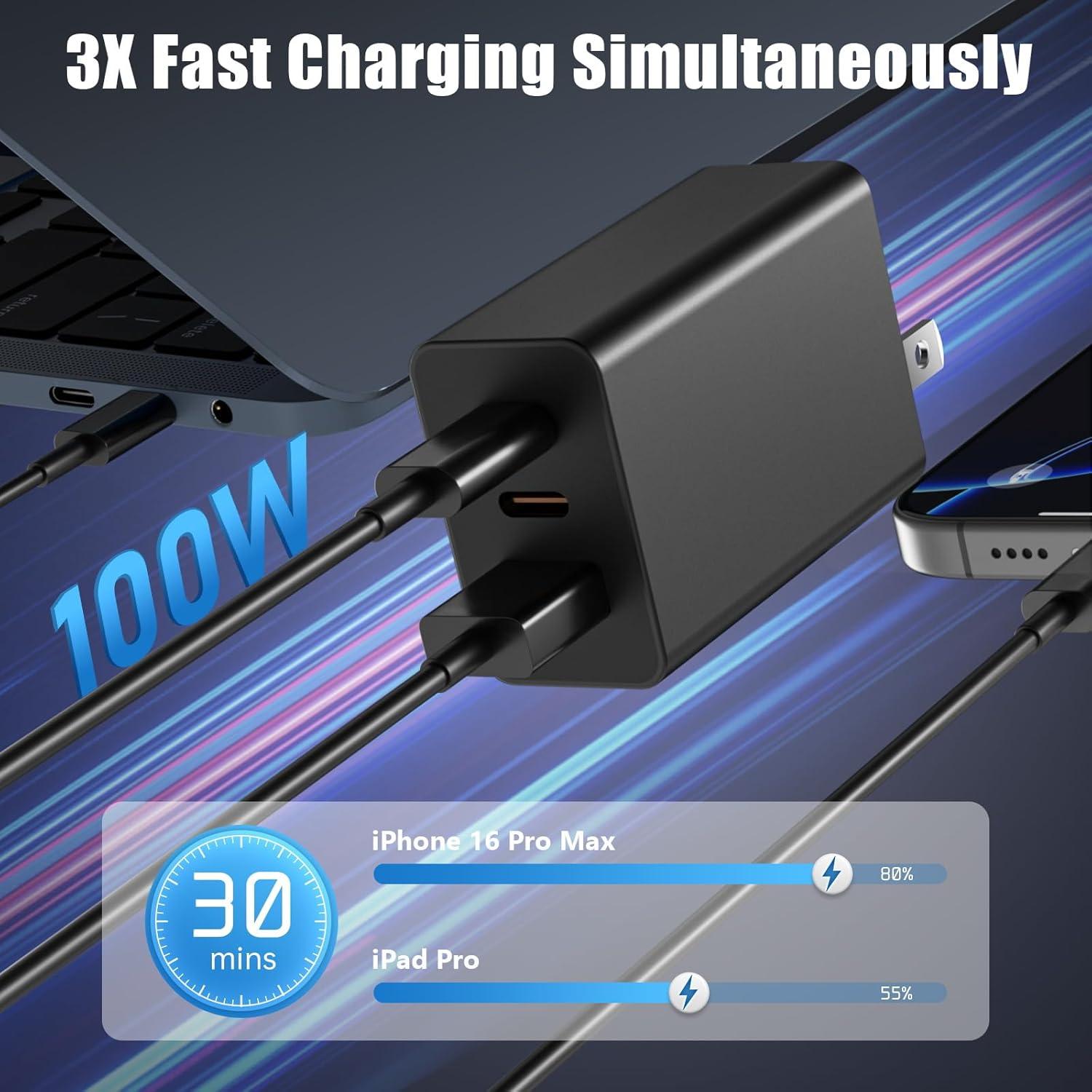 Cargador de pared USB C 3 puertos 100W marca chcelas