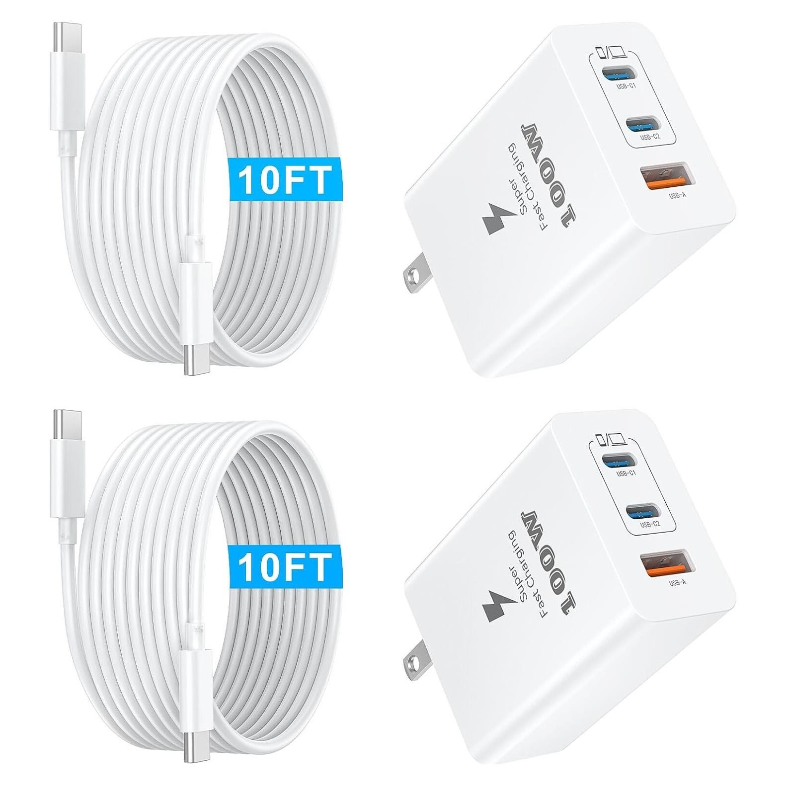 Cargador Rápido USB C 100W 3 Puertos con Cable 10FT Blanco