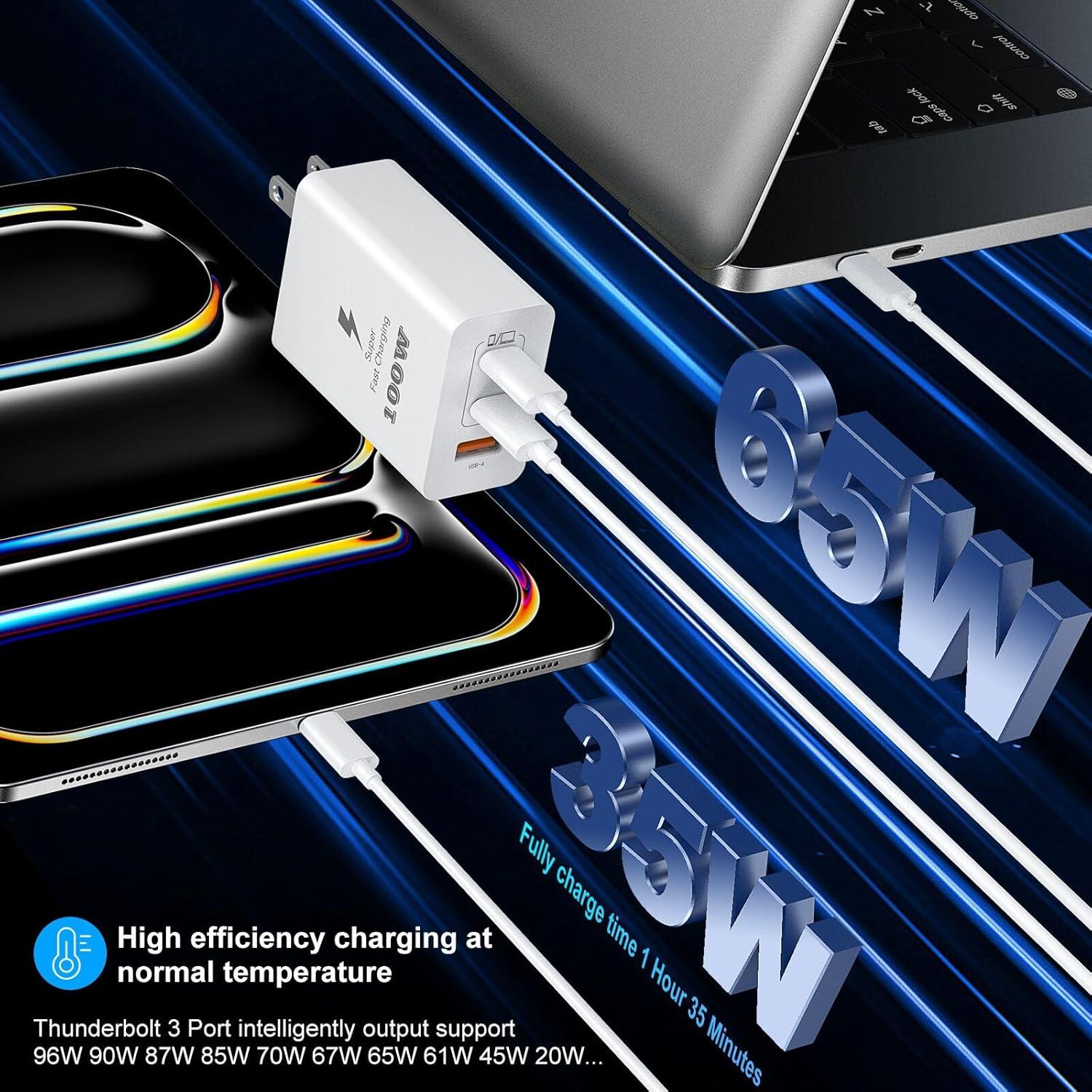 Cargador Rápido USB C 100W 3 Puertos con Cable 10FT Blanco