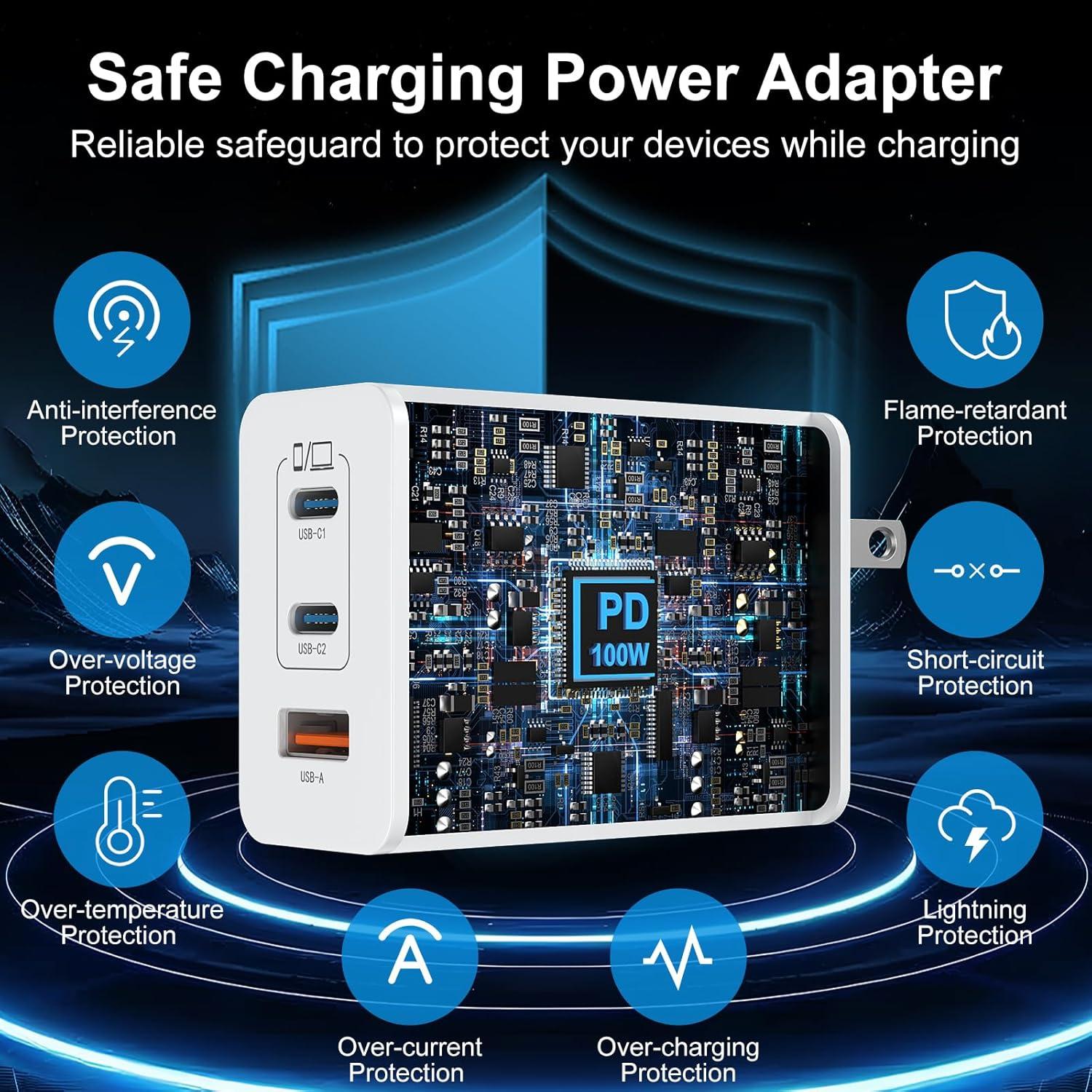 Cargador Rápido USB C 100W 3 Puertos con Cable 10FT Blanco