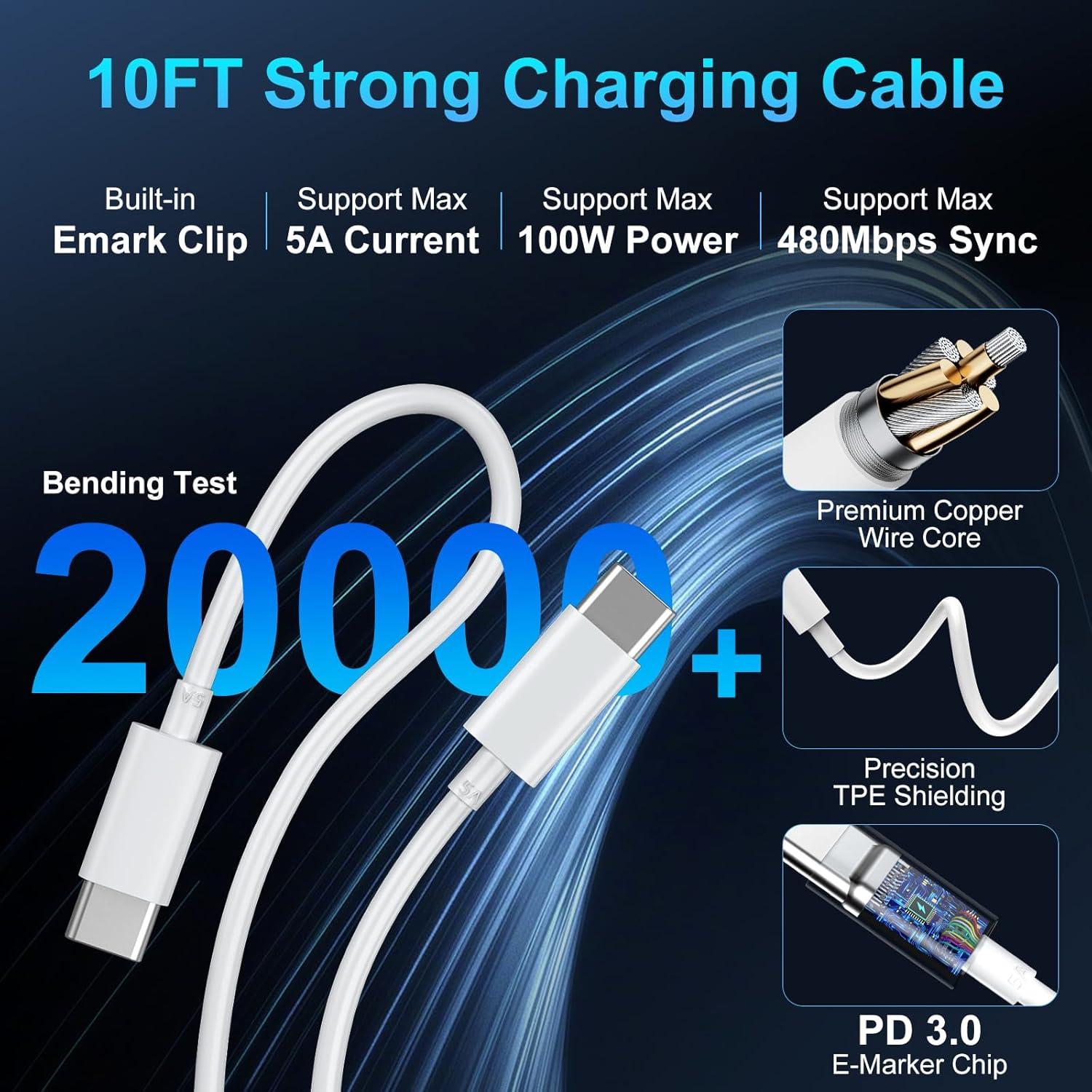 Cargador Rápido USB C 100W 3 Puertos con Cable 10FT Blanco