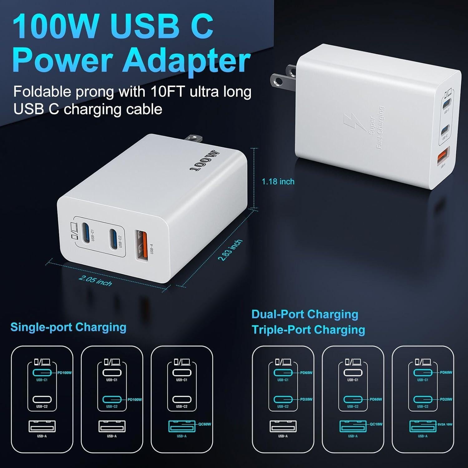Cargador Rápido USB C 100W 3 Puertos con Cable 10FT Blanco