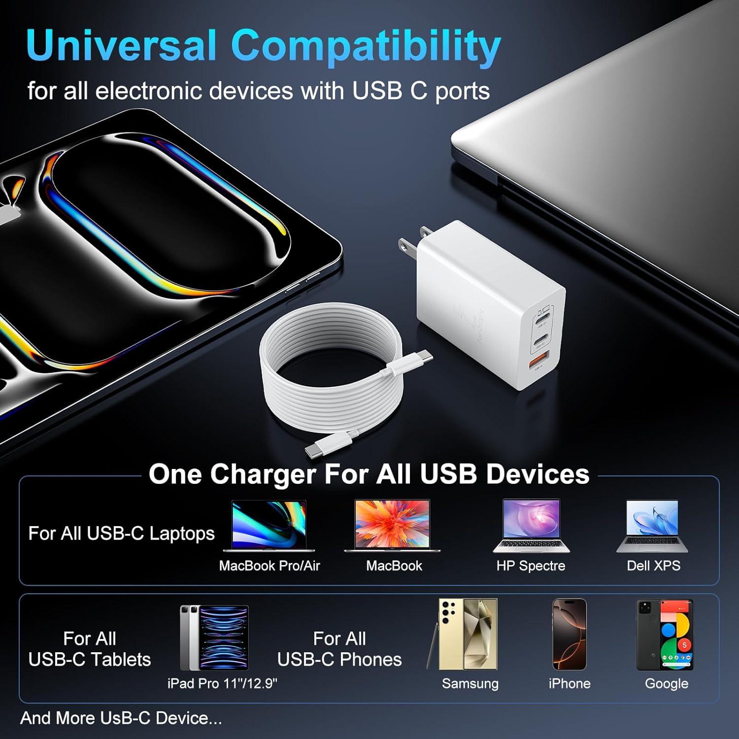 Cargador Rápido USB C 100W 3 Puertos con Cable 10FT Blanco