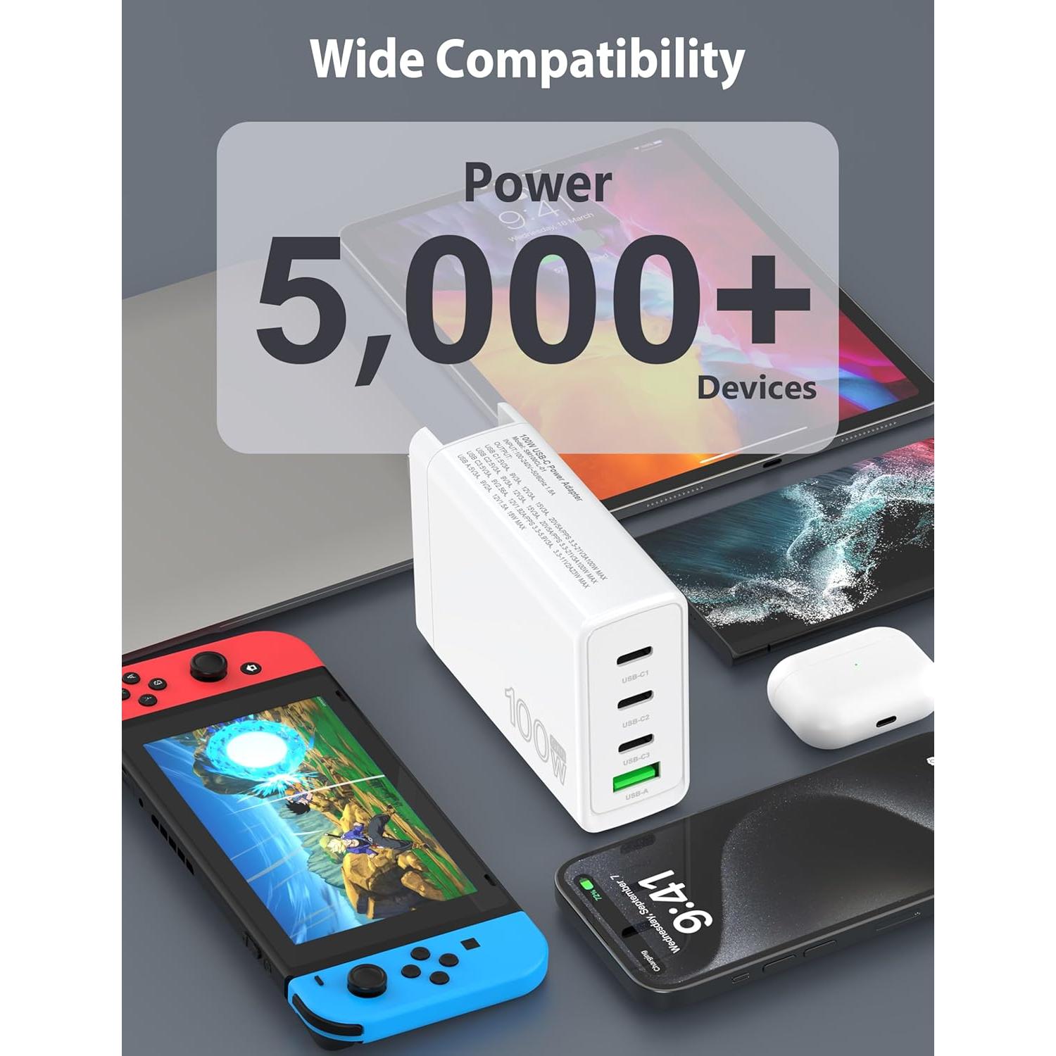 Cargador USB C 100W 4 Puertos GaN AINOPE Adaptador Rápido