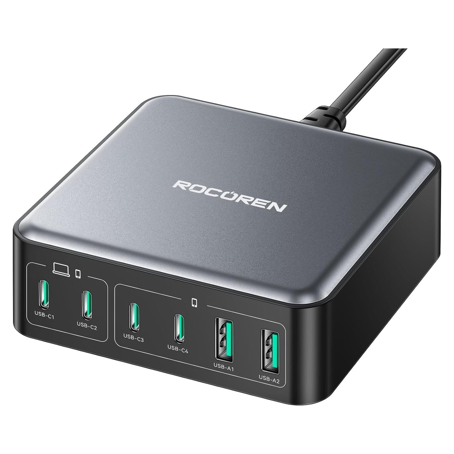 Cargador USB-C 270W Rocoren 6 Puertos Rápido GaN