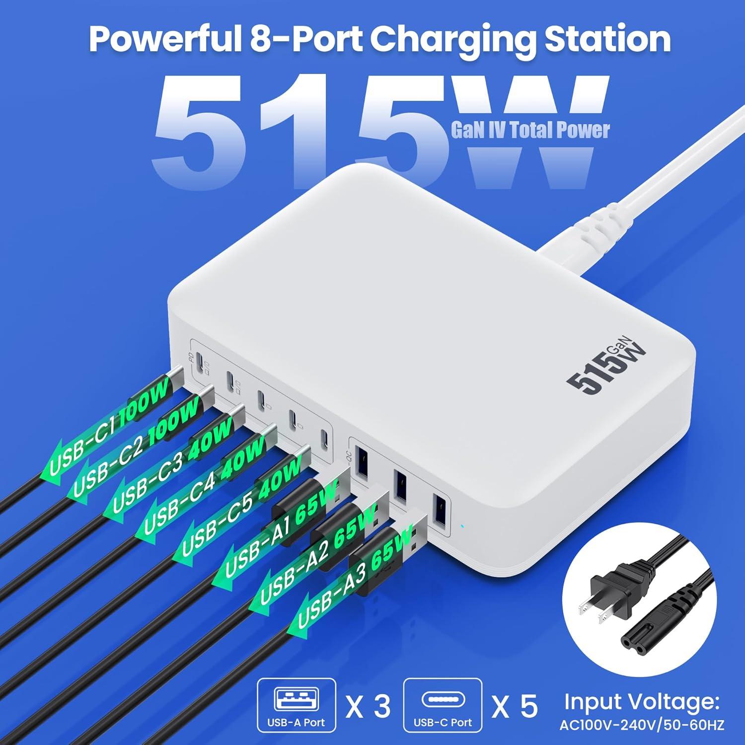 Cargador USB C 515W GaN IV 8 Puertos Doble PD 100W