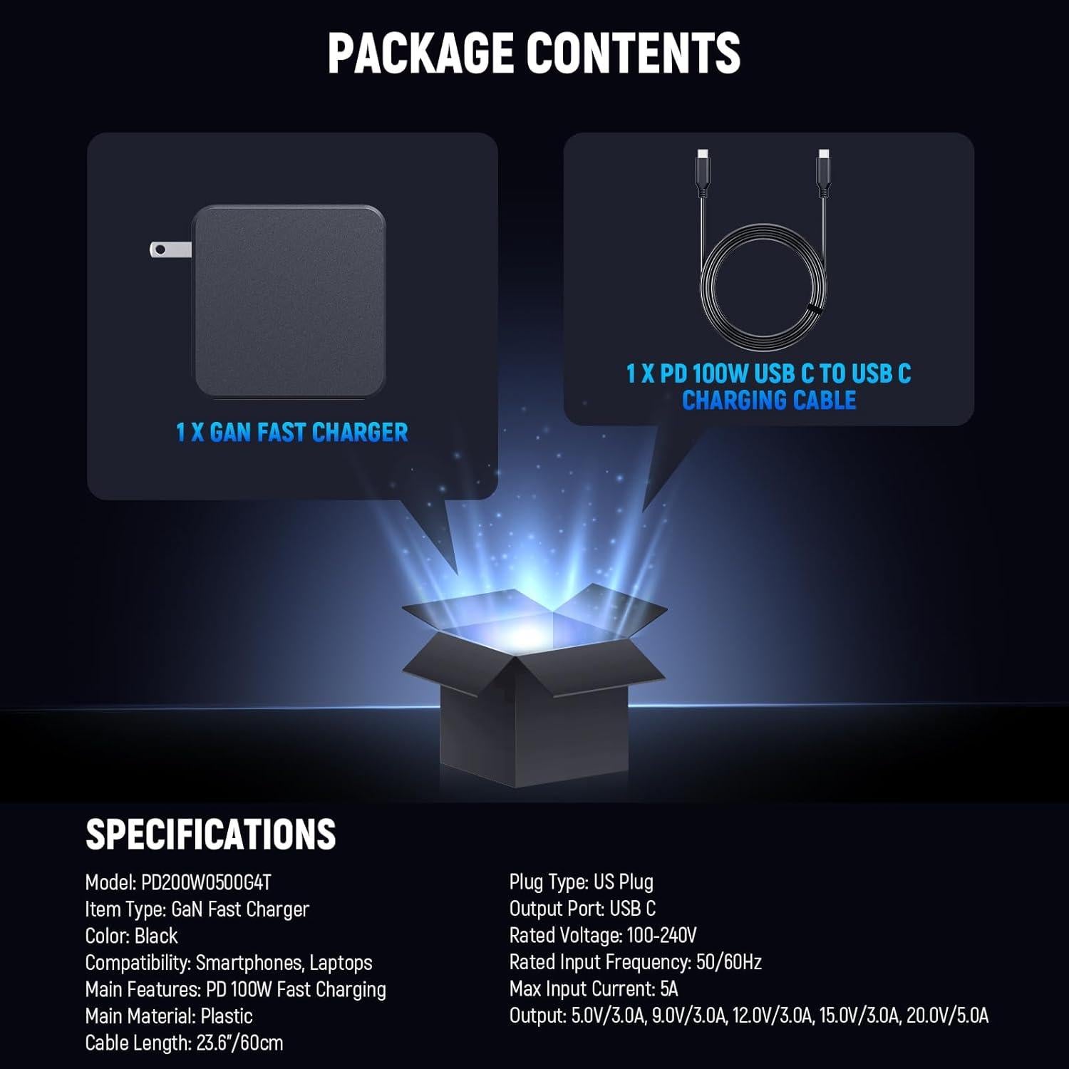 Cargador Rápido GaN NEEWER PD 100W USB C con Cable 60cm