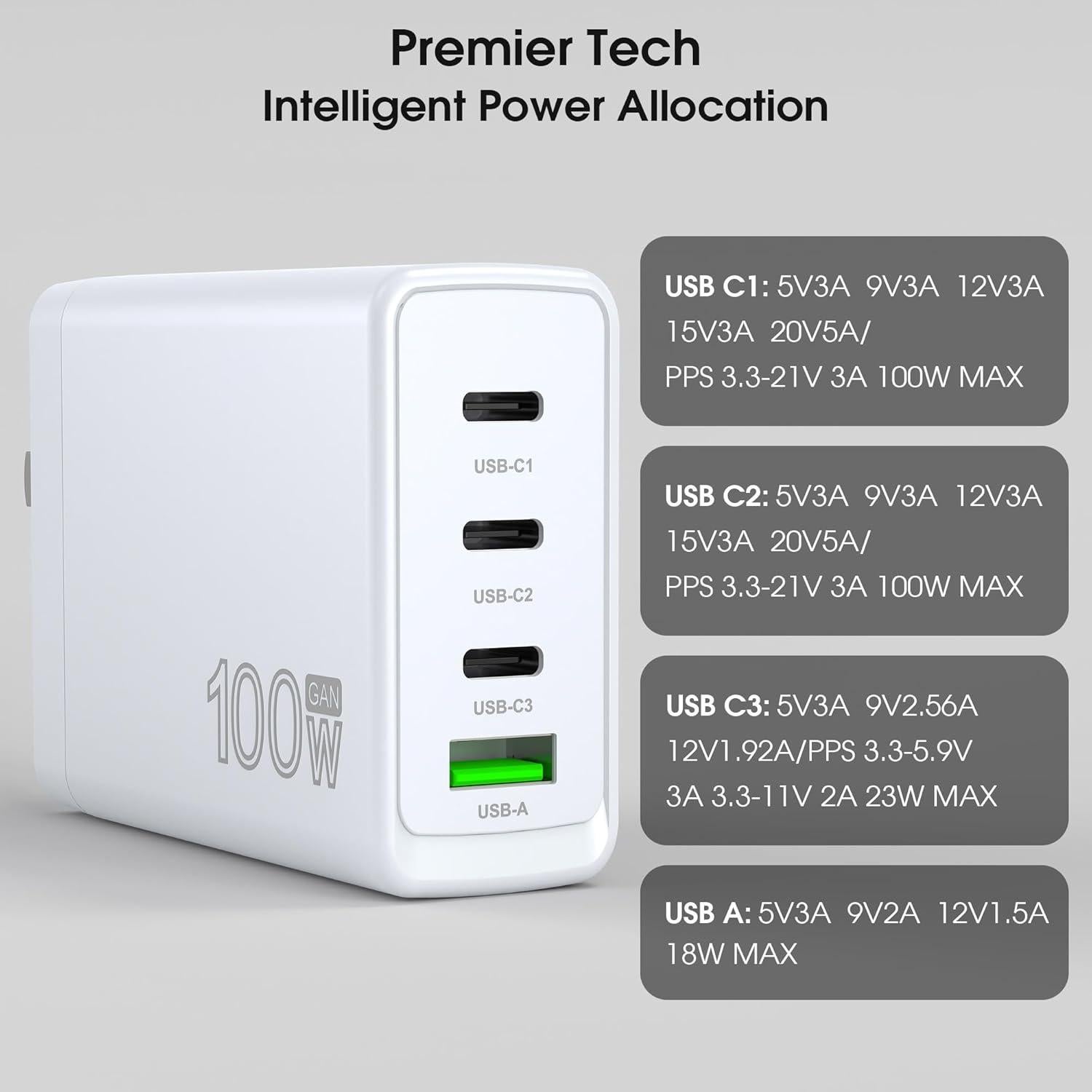 Cargador Rápido USB-C 100W 4 Puertos GaN - Compatible con MacBook, iPhone, Galaxy