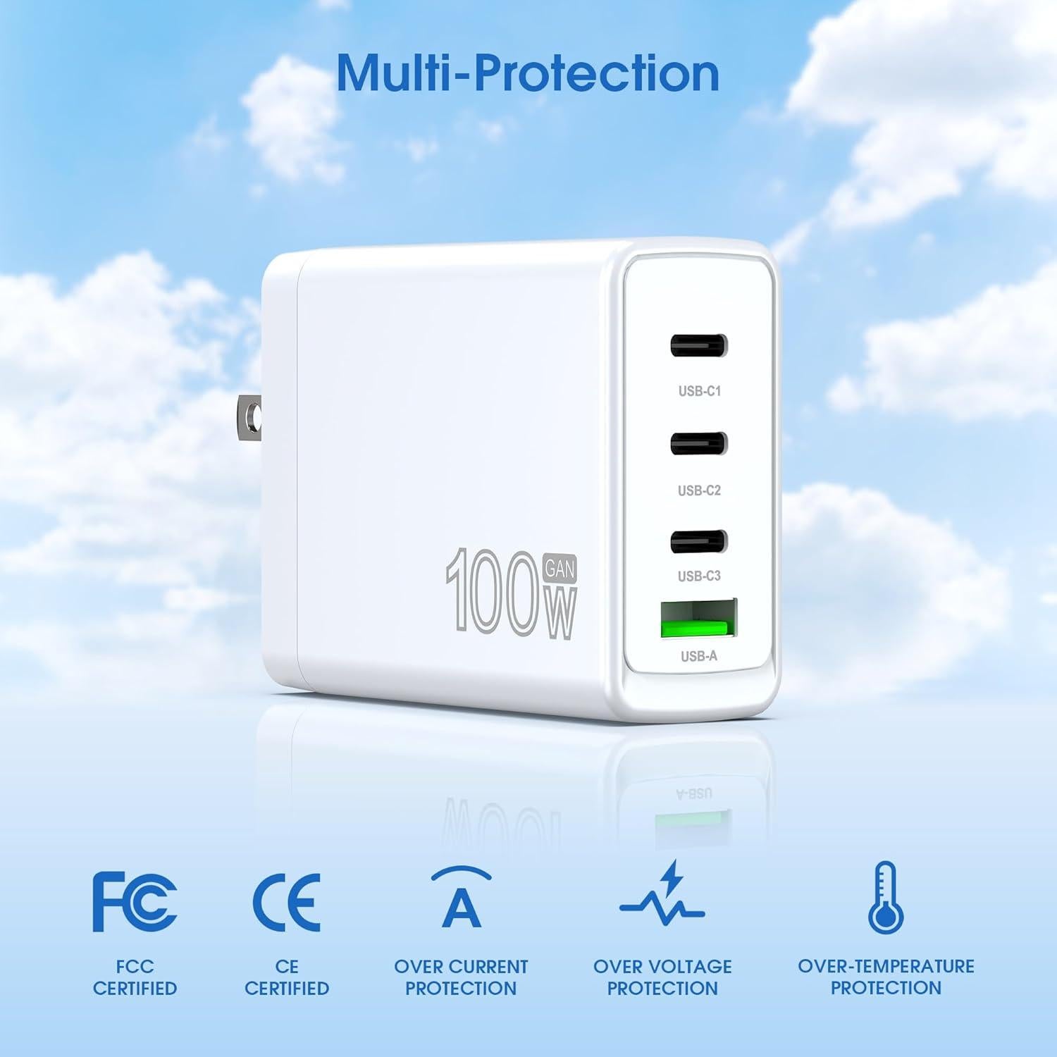 Cargador Rápido USB-C 100W 4 Puertos GaN - Compatible con MacBook, iPhone, Galaxy