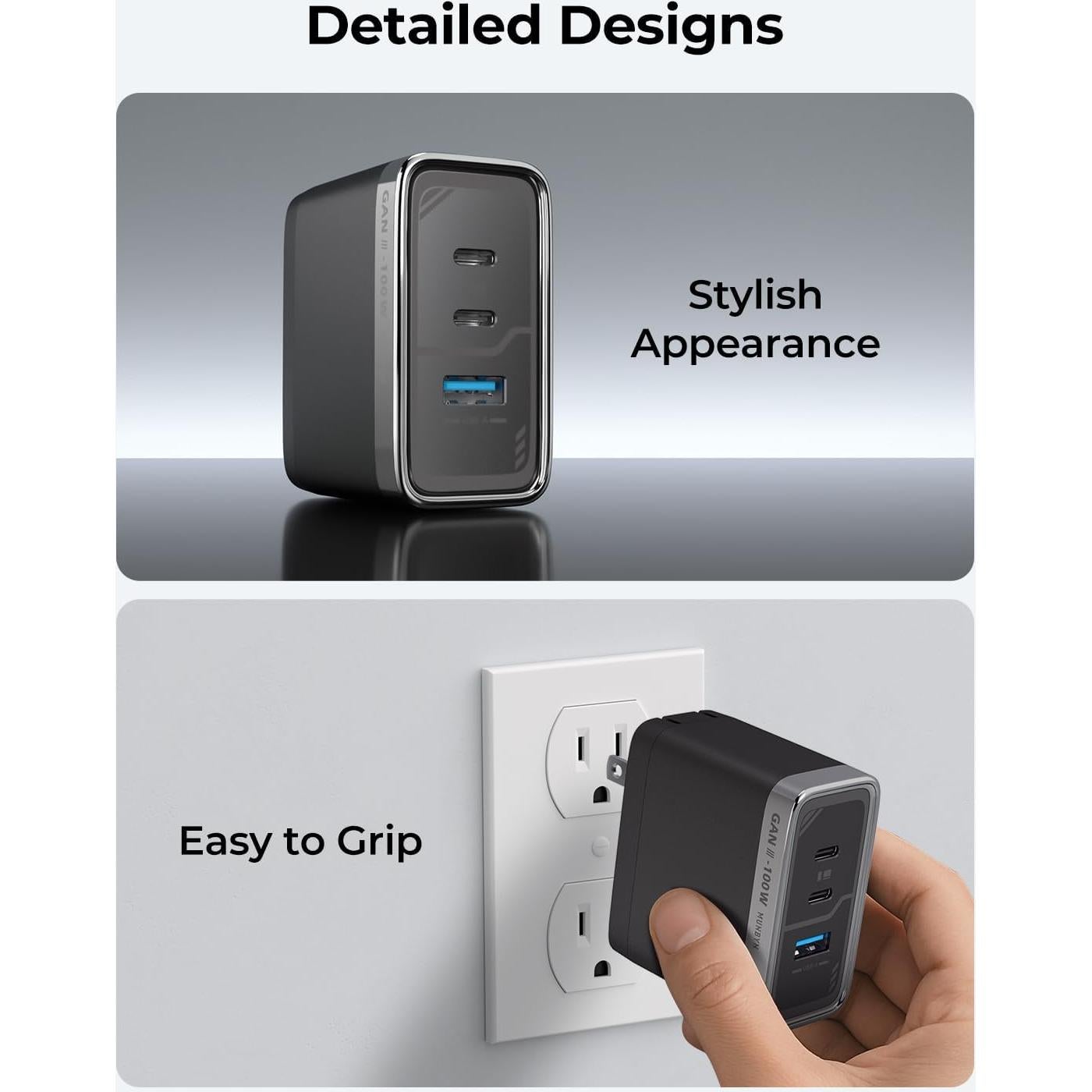 Cargador Rápido MUNBYN 100W GaN III 3 Puertos USB-C Plegable