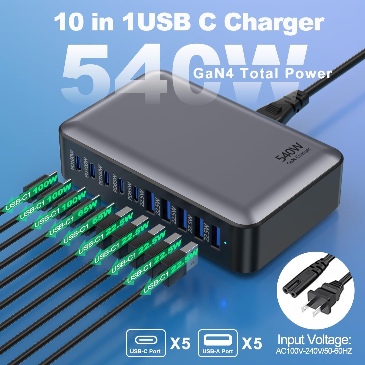 Cargador Rápido USB-C 540W GaN 10 Puertos para Laptop
