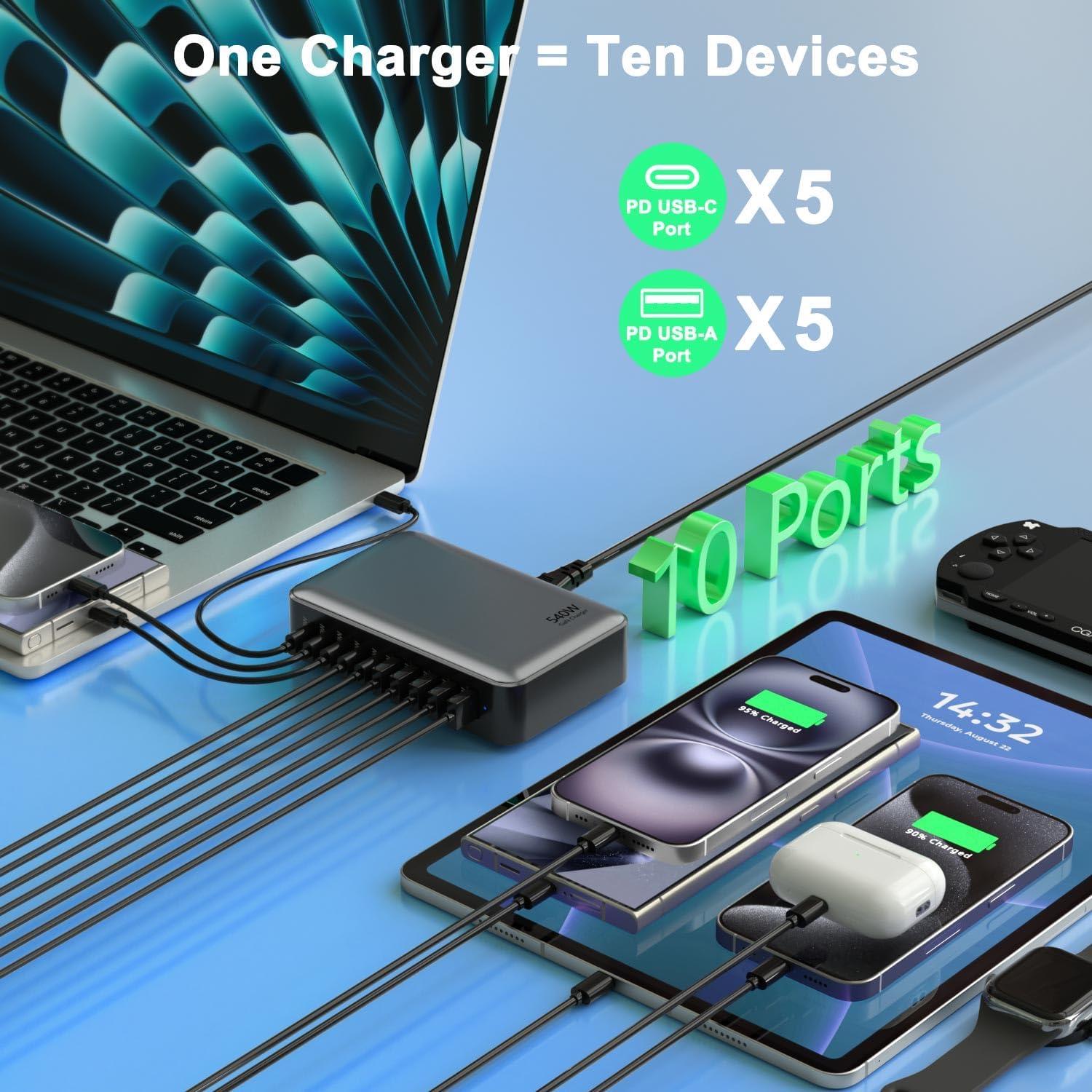 Cargador Rápido USB-C 540W GaN 10 Puertos para Laptop