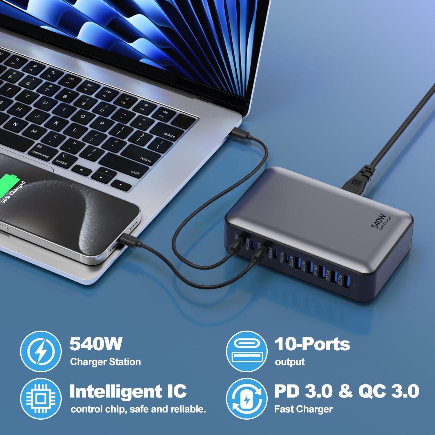 Cargador Rápido USB-C 540W GaN 10 Puertos para Laptop