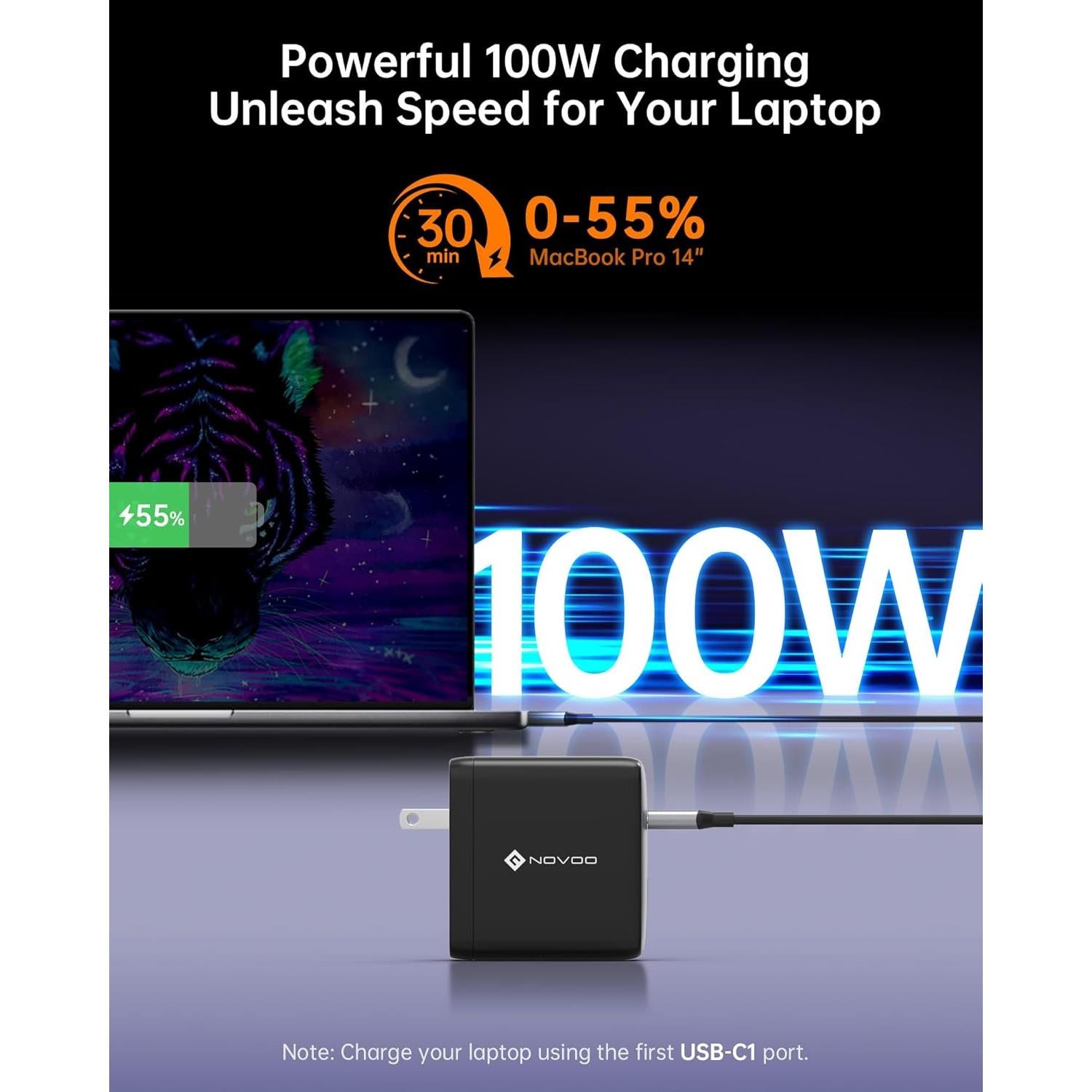 Cargador USB C NOVOO 120W Rápido GaN 3 Puertos para MacBook