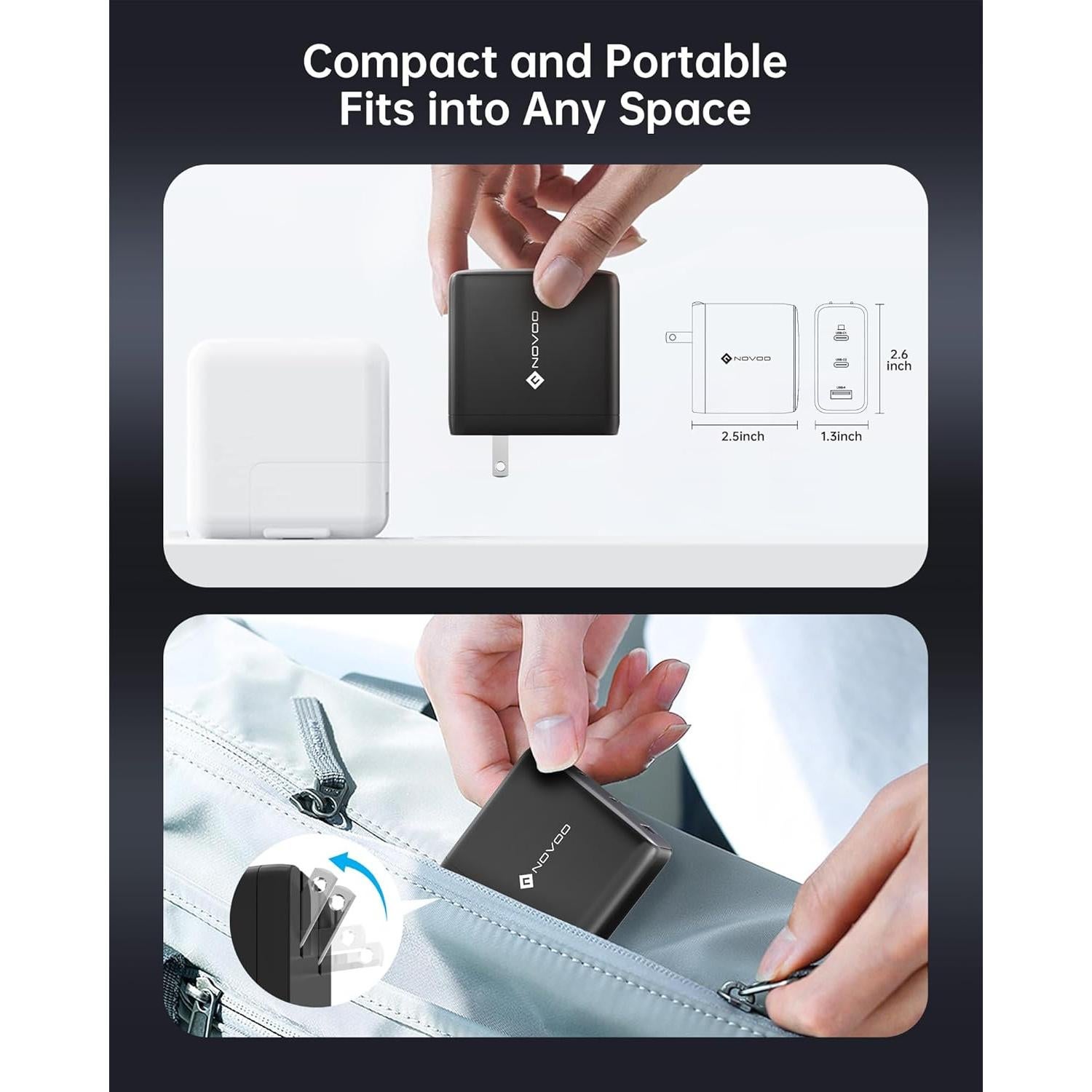 Cargador USB C NOVOO 120W Rápido GaN 3 Puertos para MacBook