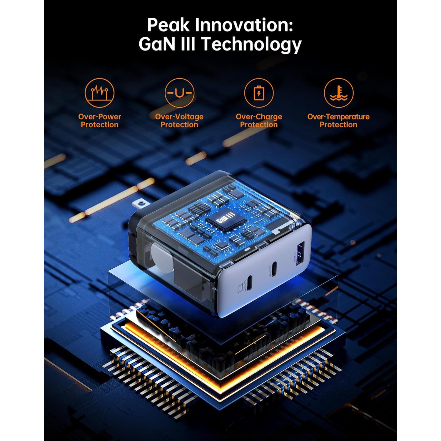 Cargador USB C NOVOO 120W Rápido GaN 3 Puertos para MacBook