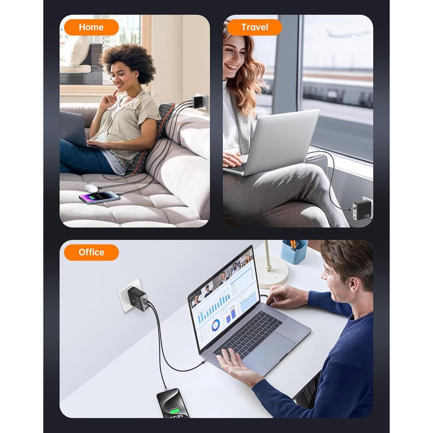 Cargador USB C NOVOO 120W Rápido GaN 3 Puertos para MacBook