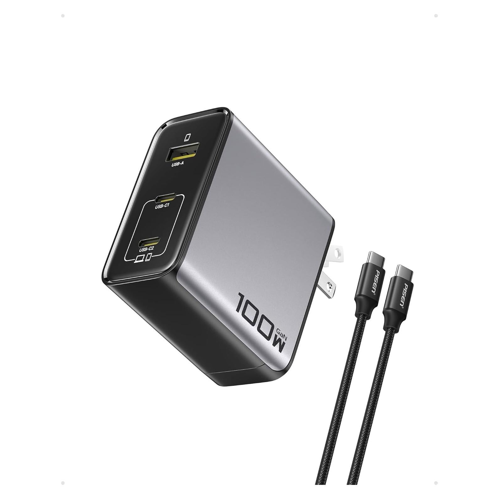 Cargador USB C PISEN 100W con 3 Puertos y Cable 1.83m