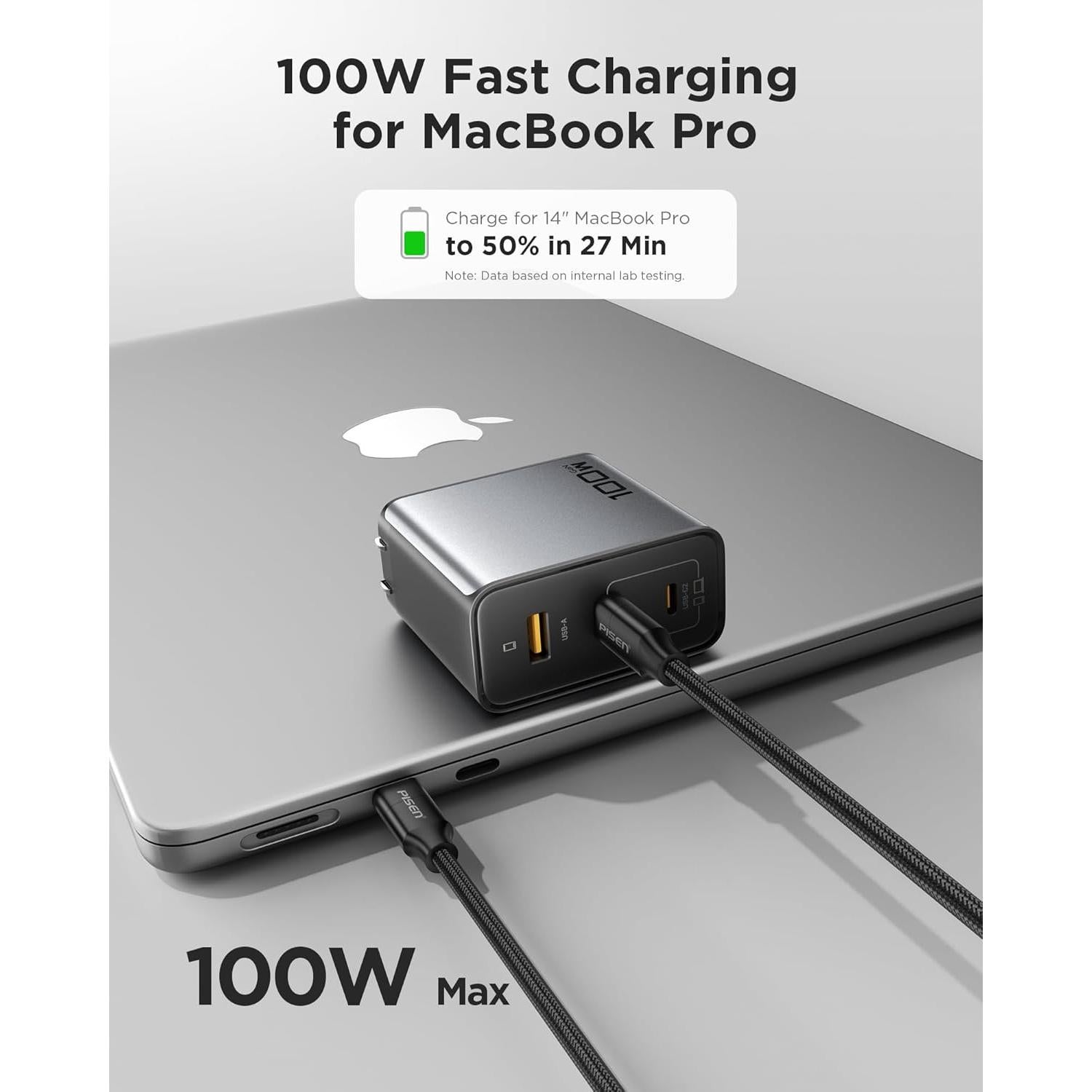 Cargador USB C PISEN 100W con 3 Puertos y Cable 1.83m