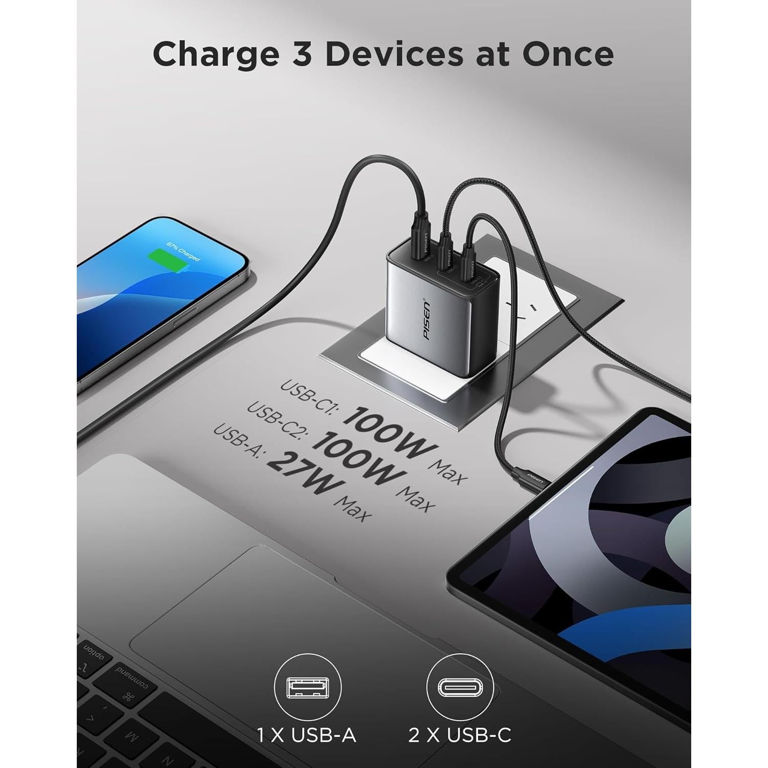 Cargador USB C PISEN 100W con 3 Puertos y Cable 1.83m