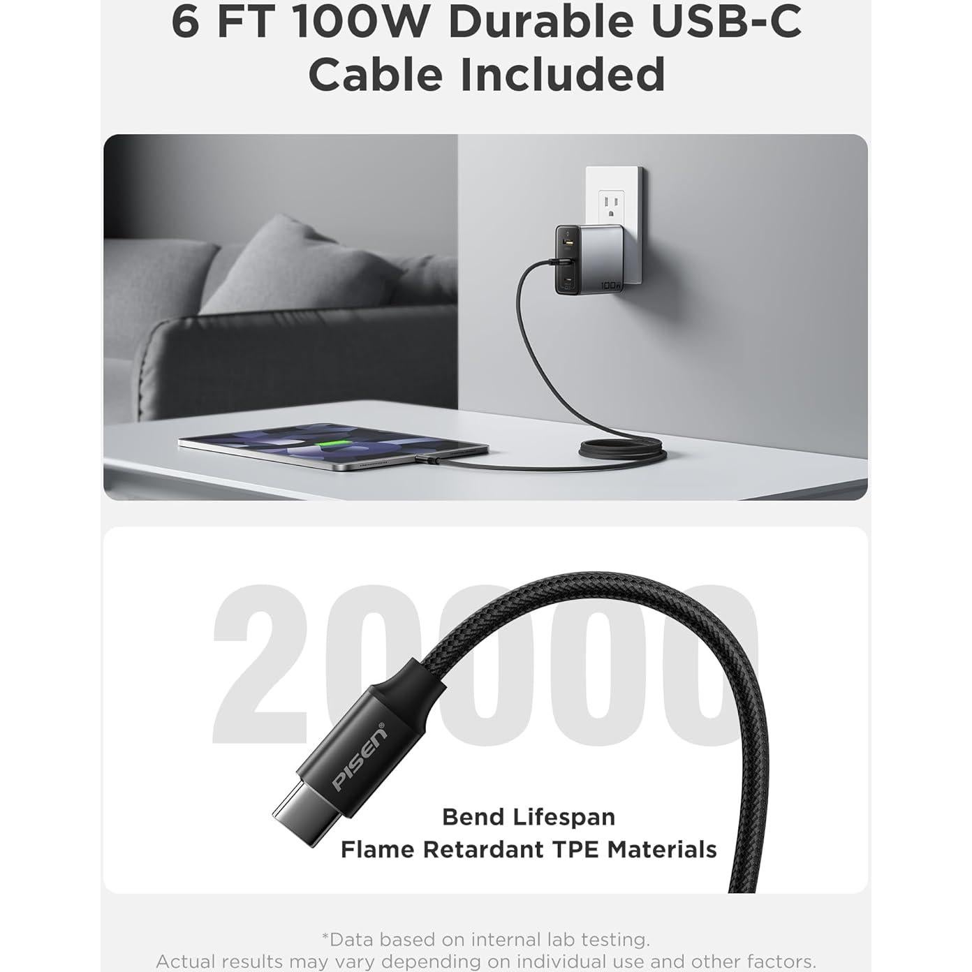 Cargador USB C PISEN 100W con 3 Puertos y Cable 1.83m