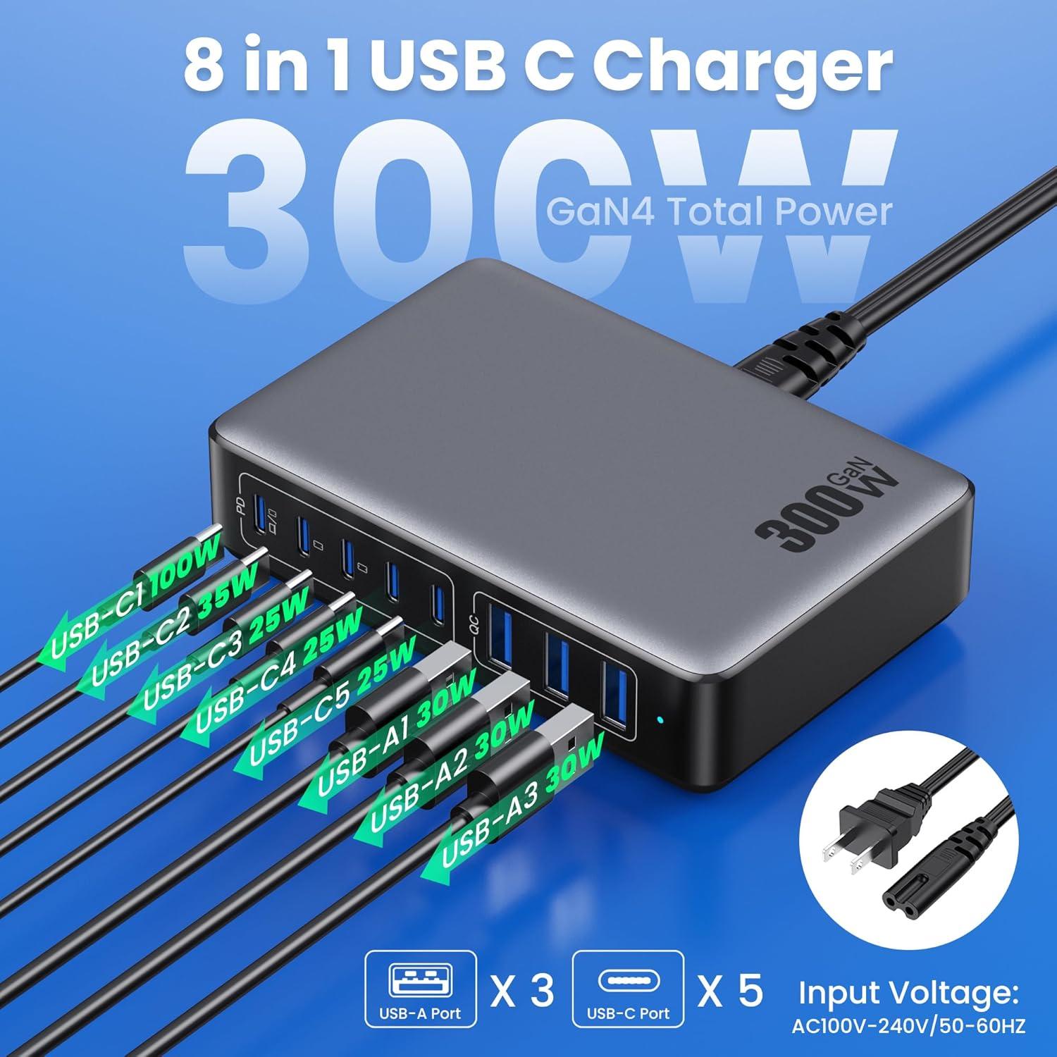 Cargador USB C 300W AONIMI Estación de Carga Rápida 8 Puertos