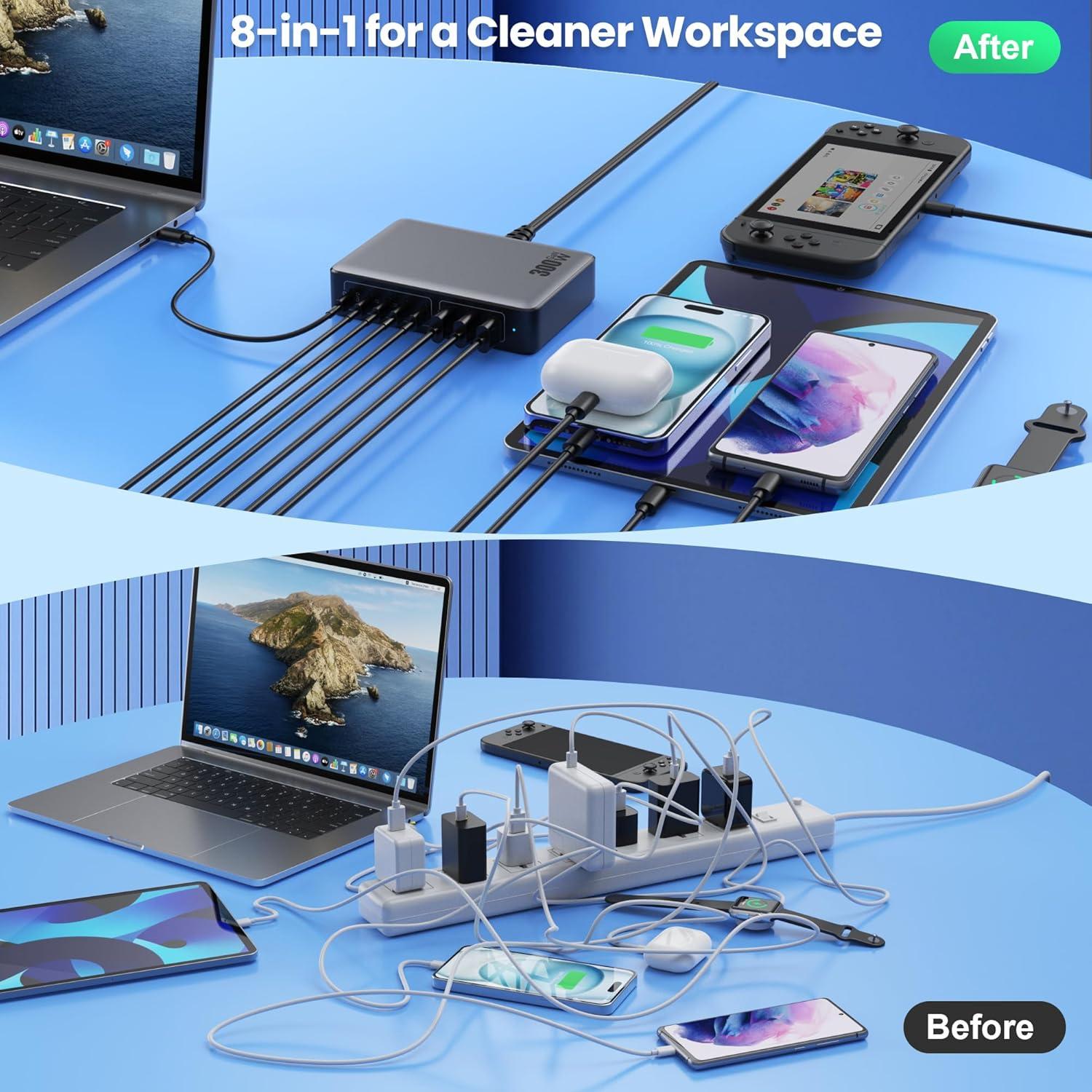 Cargador USB C 300W AONIMI Estación de Carga Rápida 8 Puertos