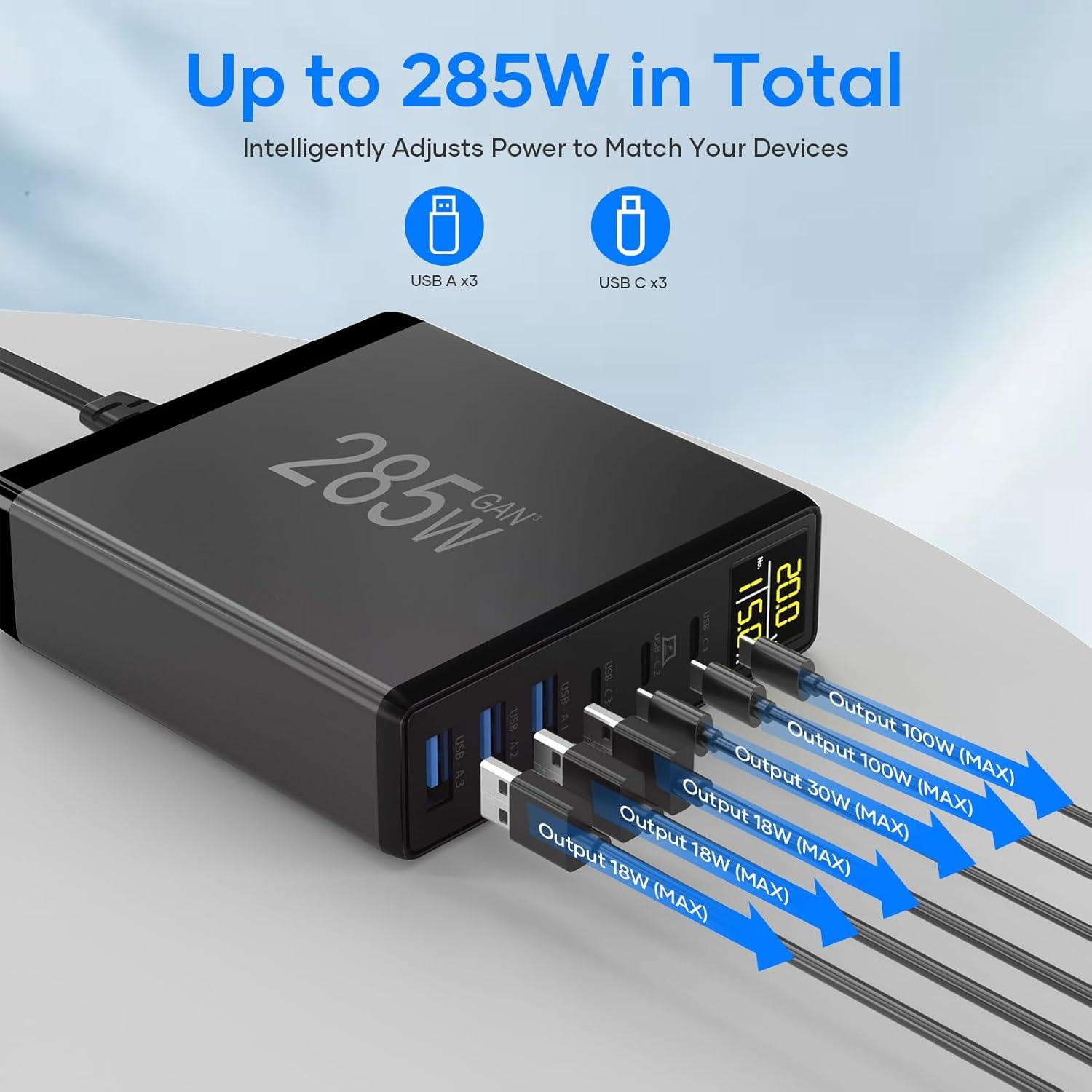 Cargador USB C 285W YSYFAD 6 Puertos con Pantalla LCD